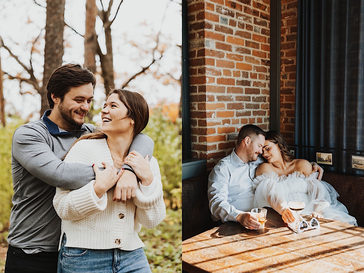 2 photos side by side, the left is of a man hugging a woman as they smile at one another while in a forest, the right is of a couple cuddling while sitting next to one another in a restaurant