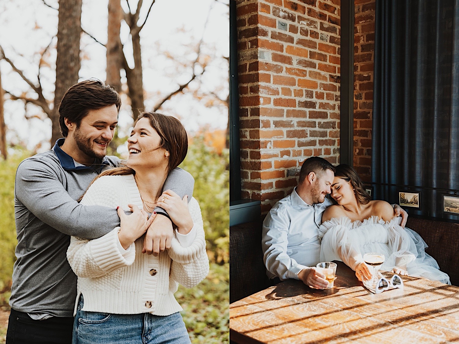 2 photos side by side, the left is of a man hugging a woman as they smile at one another while in a forest, the right is of a couple cuddling while sitting next to one another in a restaurant 2 photos side by side, the left is of a man hugging a woman as they smile at one another while in a forest, the right is of a couple cuddling while sitting next to one another in a restaurant