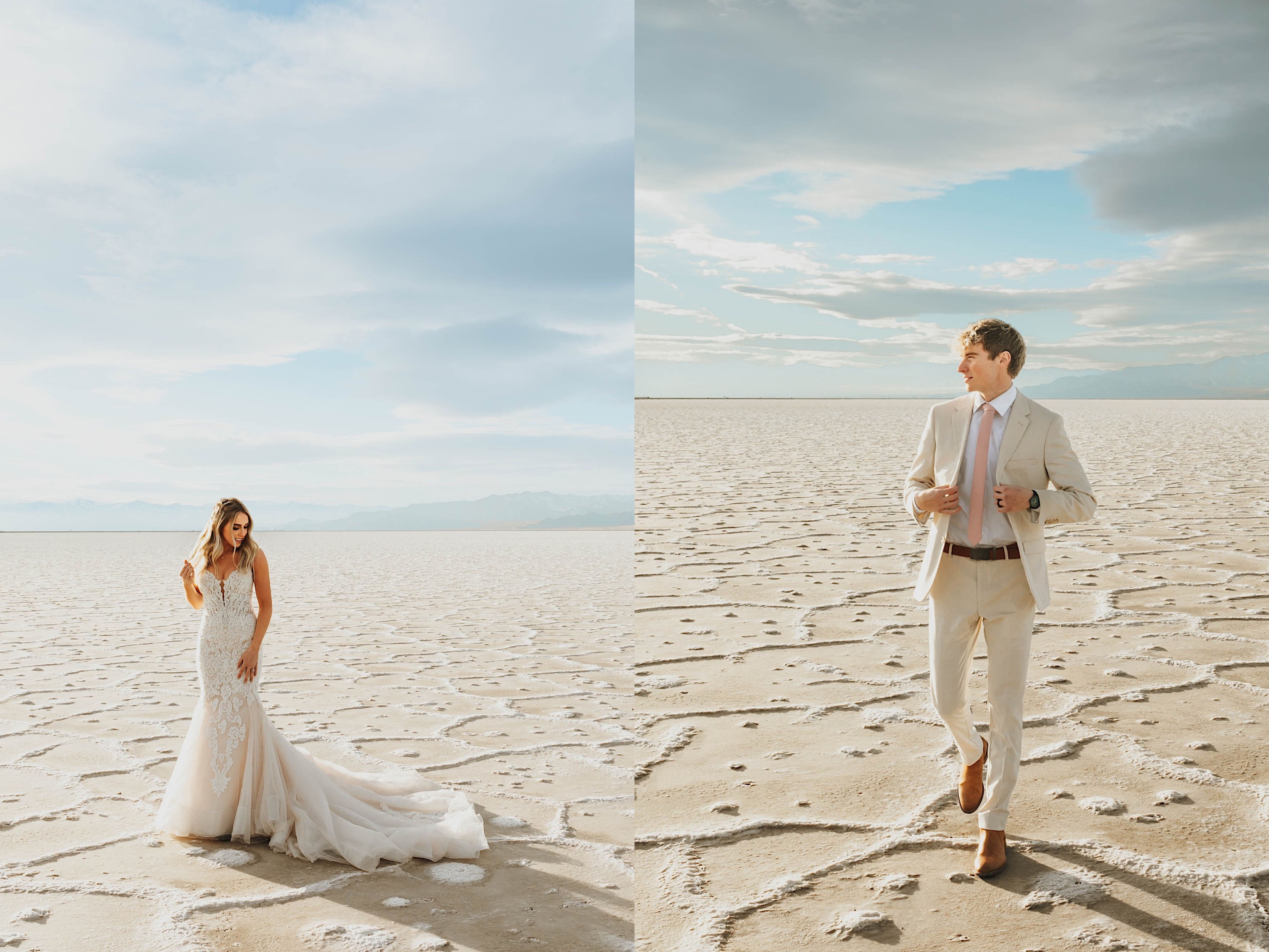 2 side by side photos, the left is a portrait photo of a bride looking at her dress, the right is of the groom walking and adjusting his coat, both are in the Utah Salt Flats 2 side by side photos, the left is a portrait photo of a bride looking at her dress, the right is of the groom walking and adjusting his coat, both are in the Utah Salt Flats
