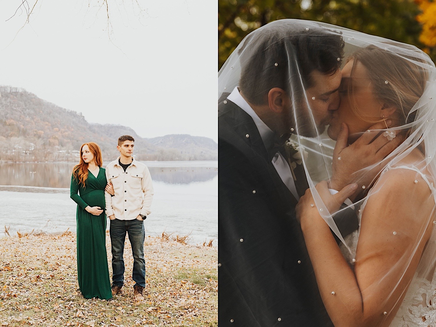 2 photos side by side, the left is of a couple standing in front of a lake together, the right is of a bride and groom kissing while under the bride's veil 2 photos side by side, the left is of a couple standing in front of a lake together, the right is of a bride and groom kissing while under the bride's veil