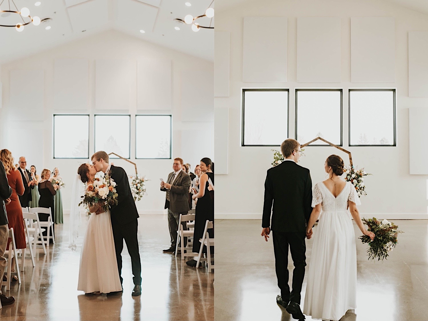 2 photos side by side, the left is of a bride and groom kissing while walking down the aisle together, the right is of the bride and groom walking down the aisle away from the camera