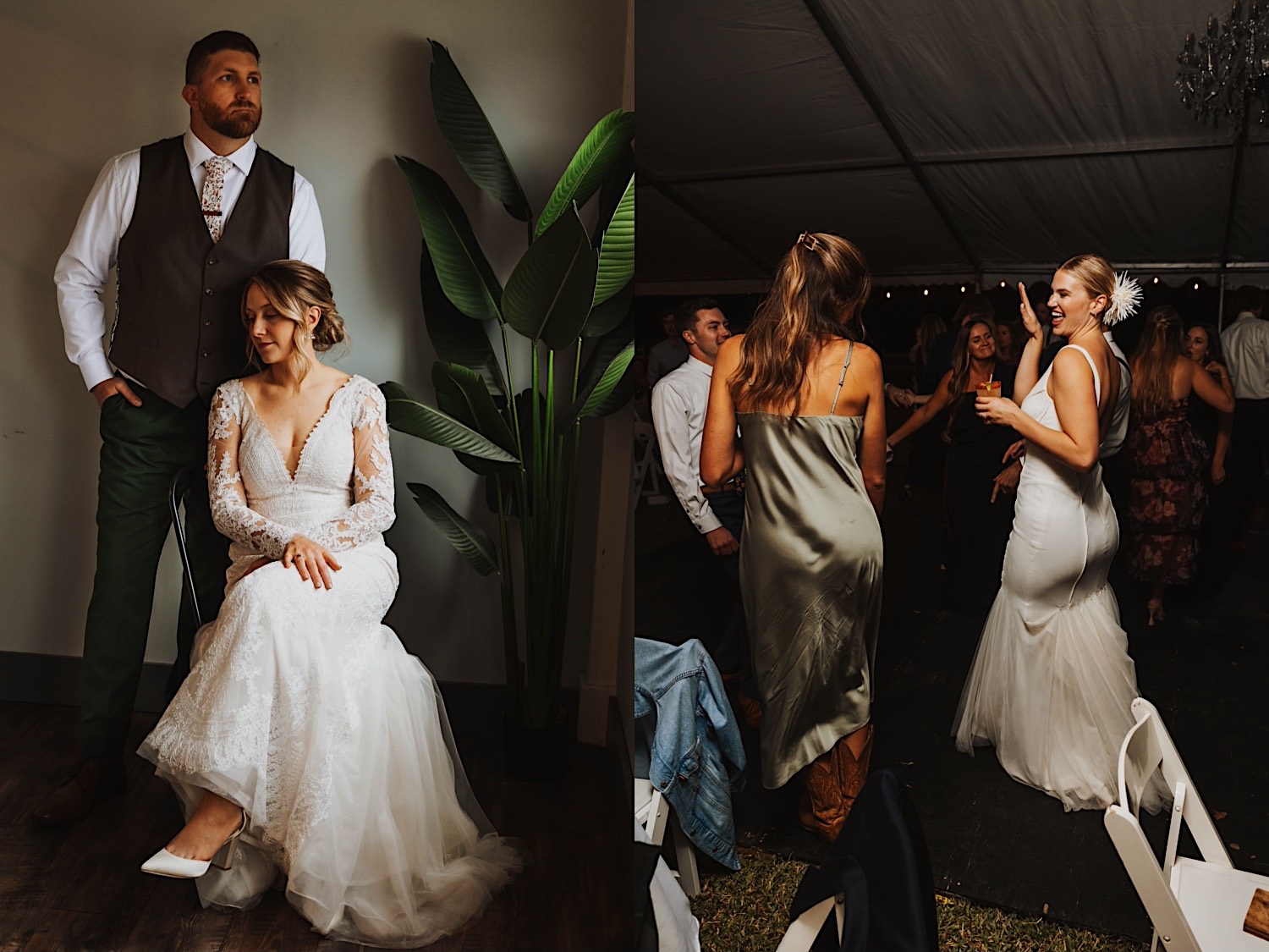 2 photos side by side, the left is of a bride sitting in a chair while the groom stands behind her, the right is of a different bride dancing during her wedding reception