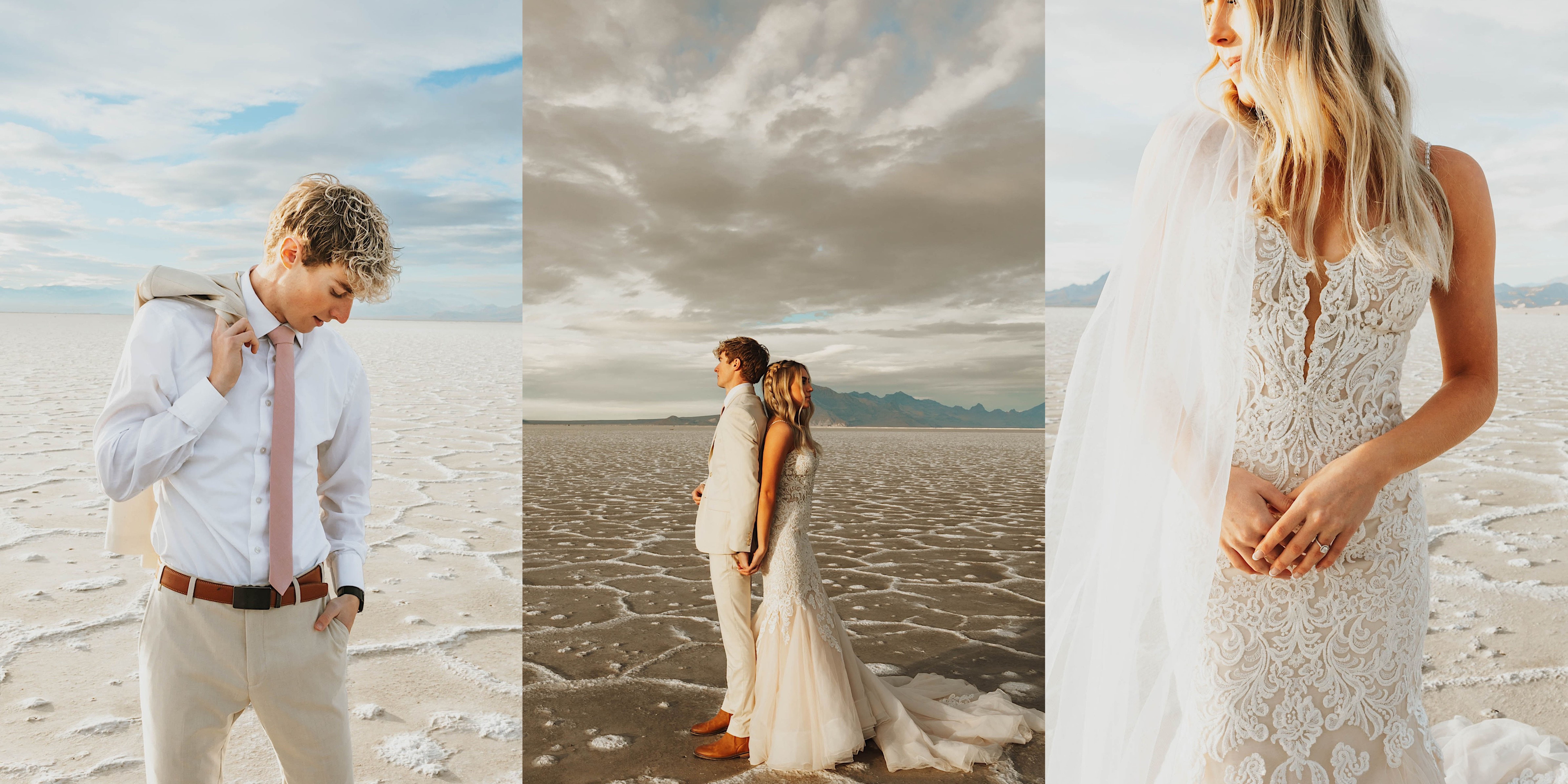 3 photos side by side, the left is of a groom holding his suit coat over his shoulder and looking at the ground, the middle photo of is of the groom and a bride standing back to back and holding hands, the right is of the bride holding her hands and looking left, each photo was taken in the Utah Salt Flats 3 photos side by side, the left is of a groom holding his suit coat over his shoulder and looking at the ground, the middle photo of is of the groom and a bride standing back to back and holding hands, the right is of the bride holding her hands and looking left, each photo was taken in the Utah Salt Flats