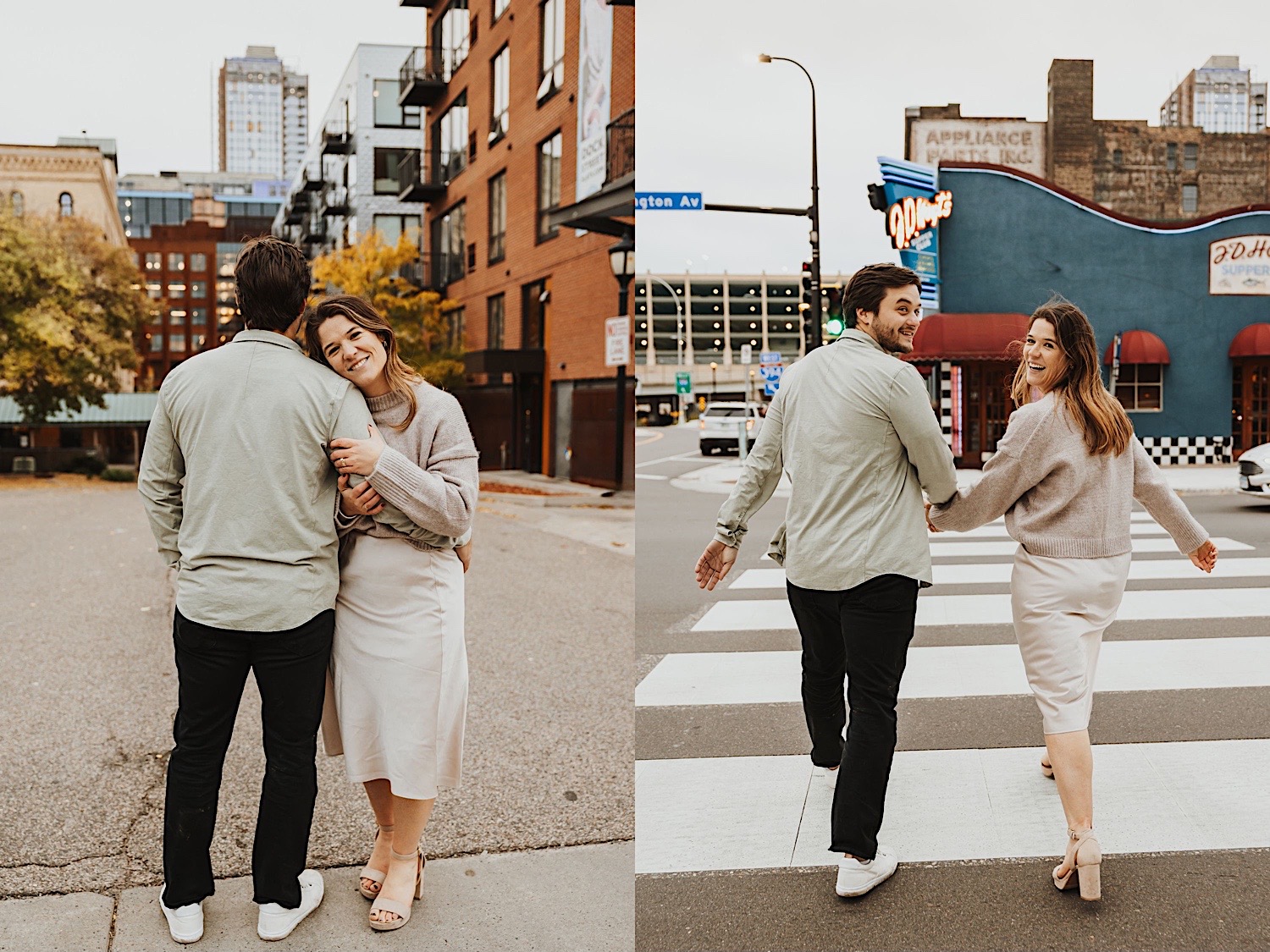 2 photos side by side of a couple, in the left the man faces away from the camera while the woman smiles at it, in the right they're both walking away from the camera while smiling back at it