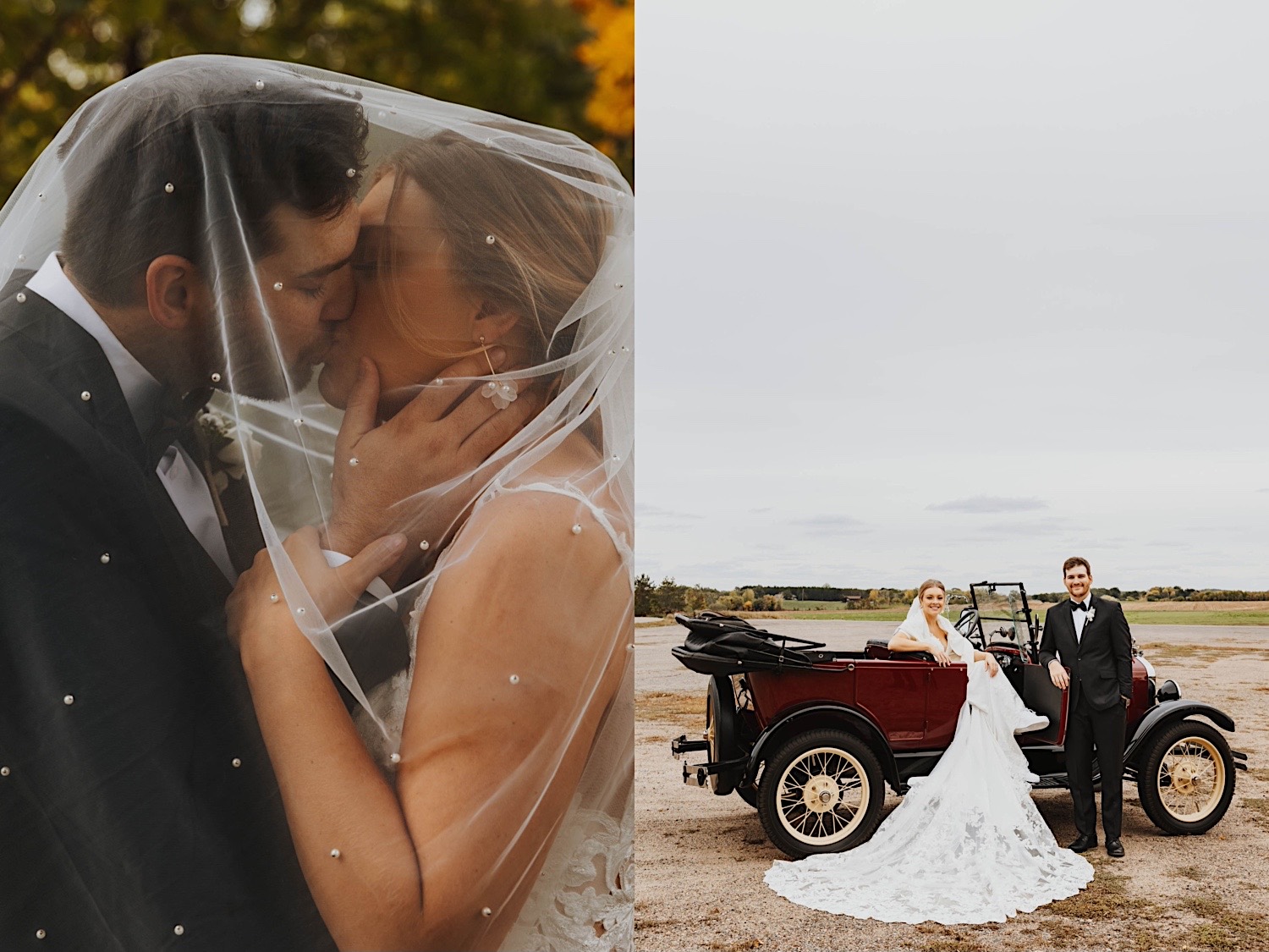 2 photos side by side, the left is of a bride and groom kissing under the bride's veil, the right is of a bride and groom posing for a photo next to a classic car