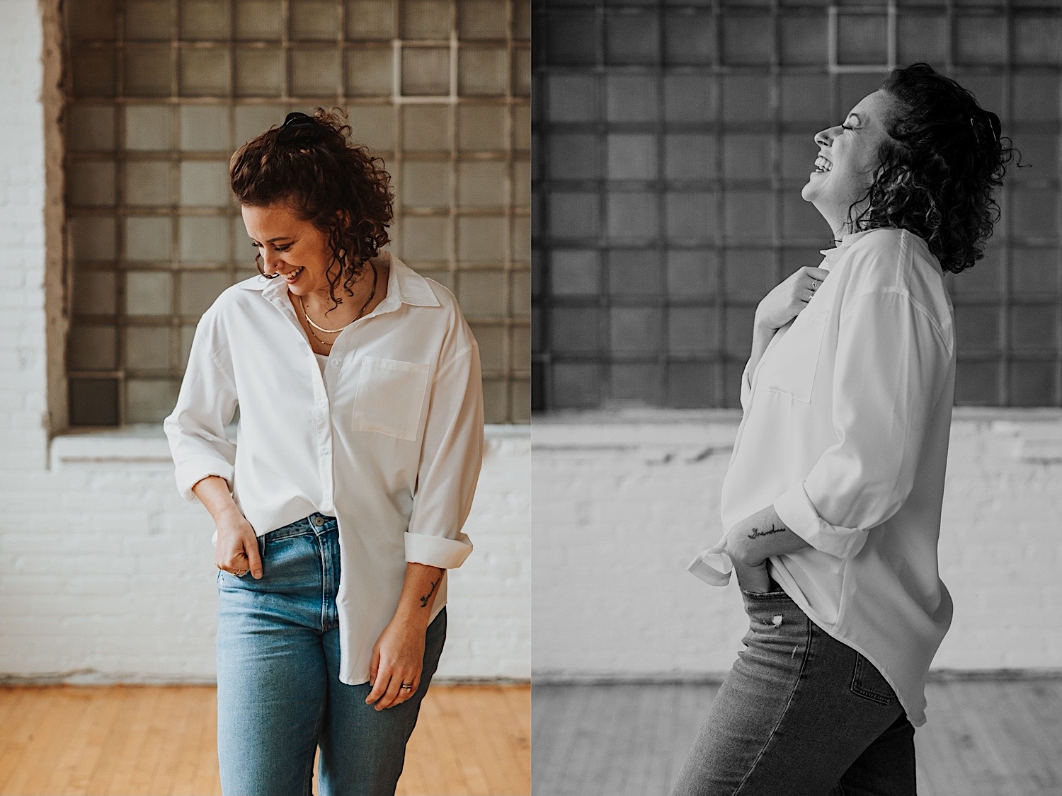 2 photos side by side of Chelsea from Sage River Studios, the left photo is in color while the right is black and white 2 photos side by side of Chelsea from Sage River Studios, the left photo is in color while the right is black and white