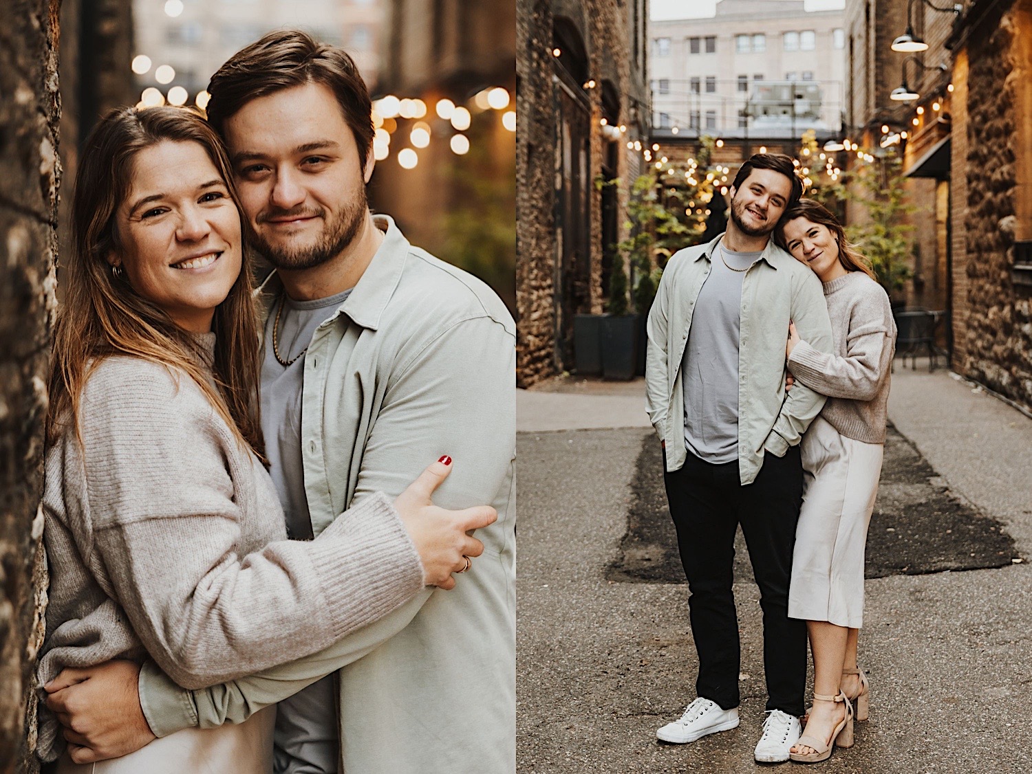 2 photos side by side of a couple standing next to one another smiling at the camera, the left photo is taken closer to the couple