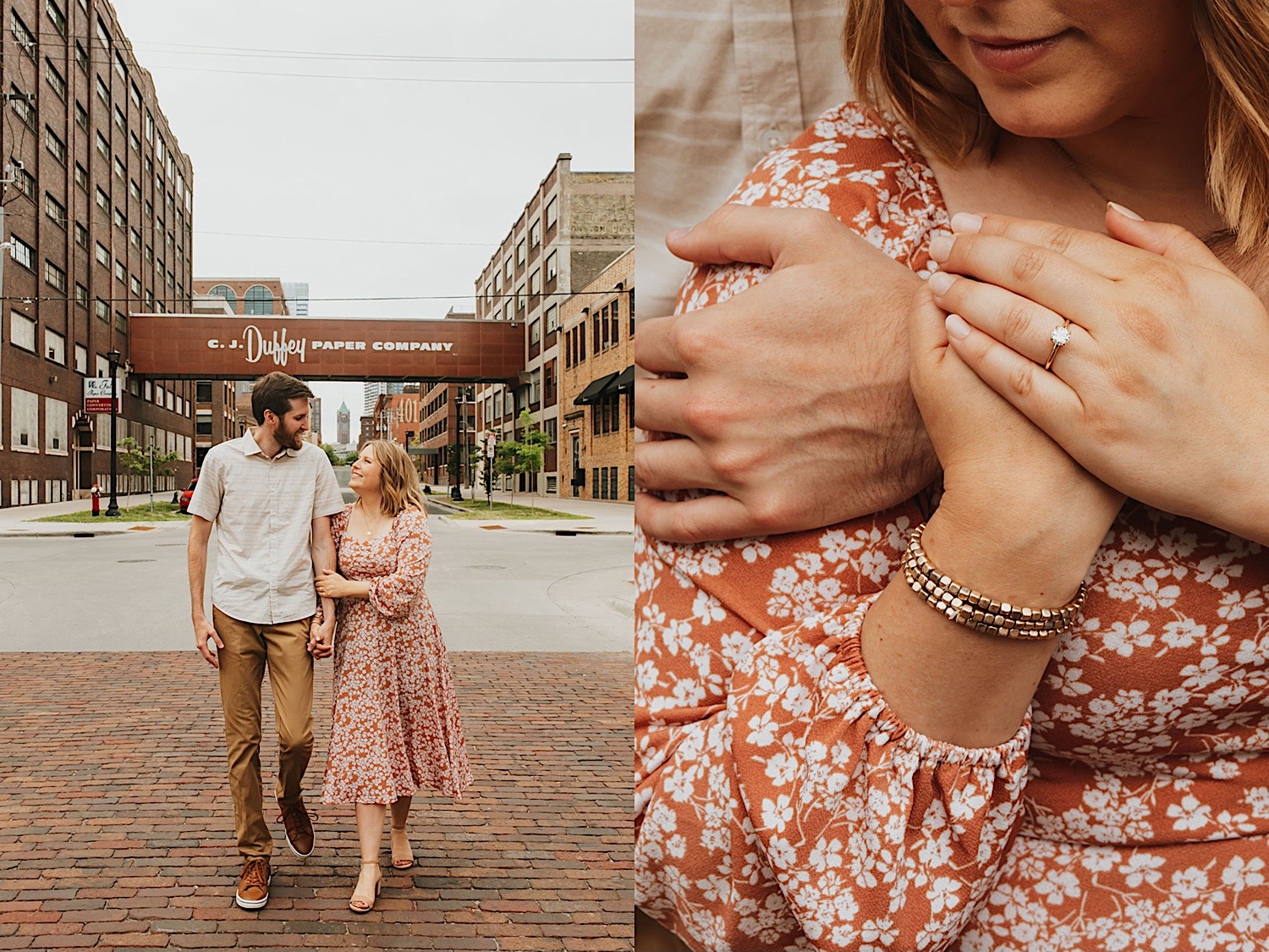2 photos side by side, the left is of a couple smiling at one another while walking towards the camera, the right is a close up of the woman being hugged while showing off her engagement ring