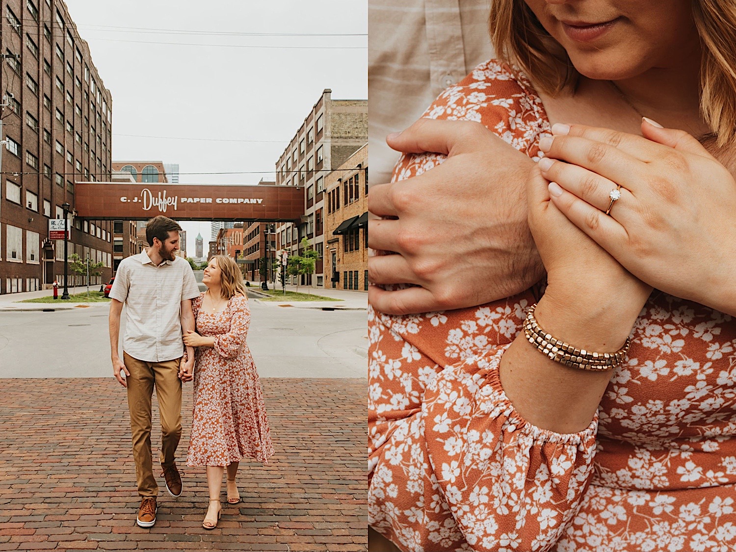 2 photos side by side, the left is of a couple smiling at one another while walking towards the camera, the right is a close up of the woman being hugged while showing off her engagement ring 2 photos side by side, the left is of a couple smiling at one another while walking towards the camera, the right is a close up of the woman being hugged while showing off her engagement ring