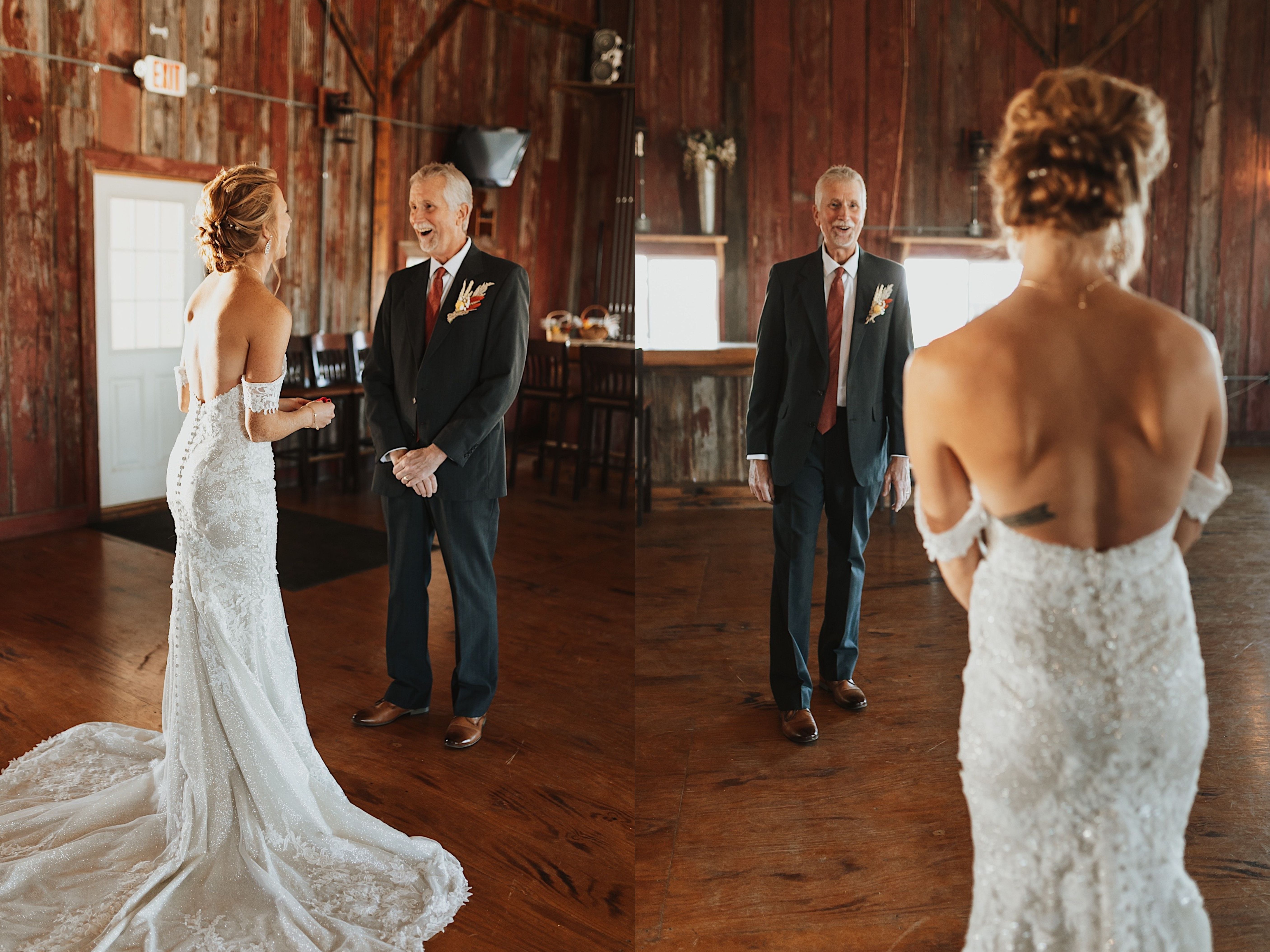 2 photos next to one another, both are of a father reacting to seeing his daughter in her wedding dress during their first look
