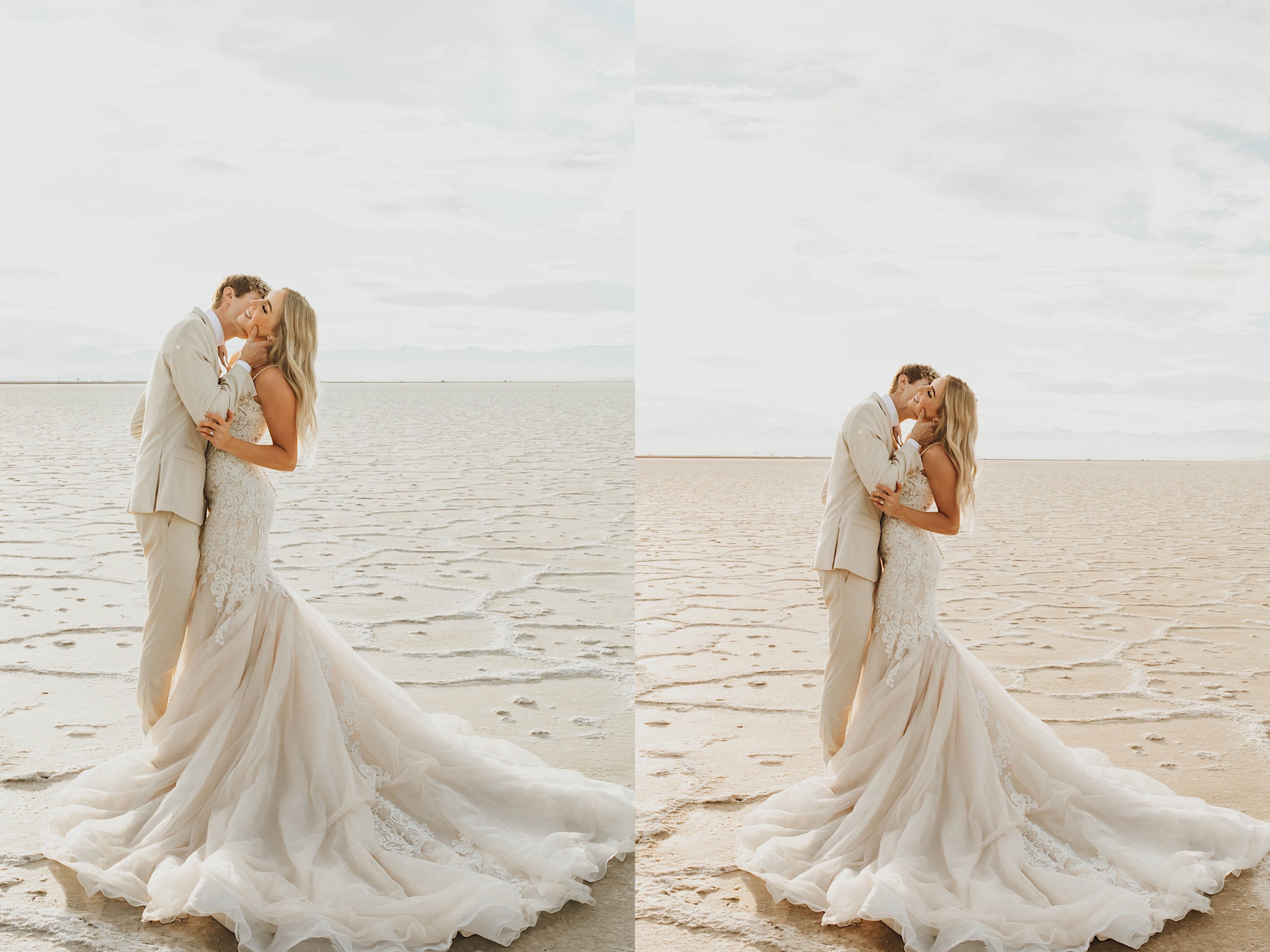 2 photos side by side of a bride smiling as she is kissed on the neck by the groom while they stand in the Utah Salt Flats 2 photos side by side of a bride smiling as she is kissed on the neck by the groom while they stand in the Utah Salt Flats