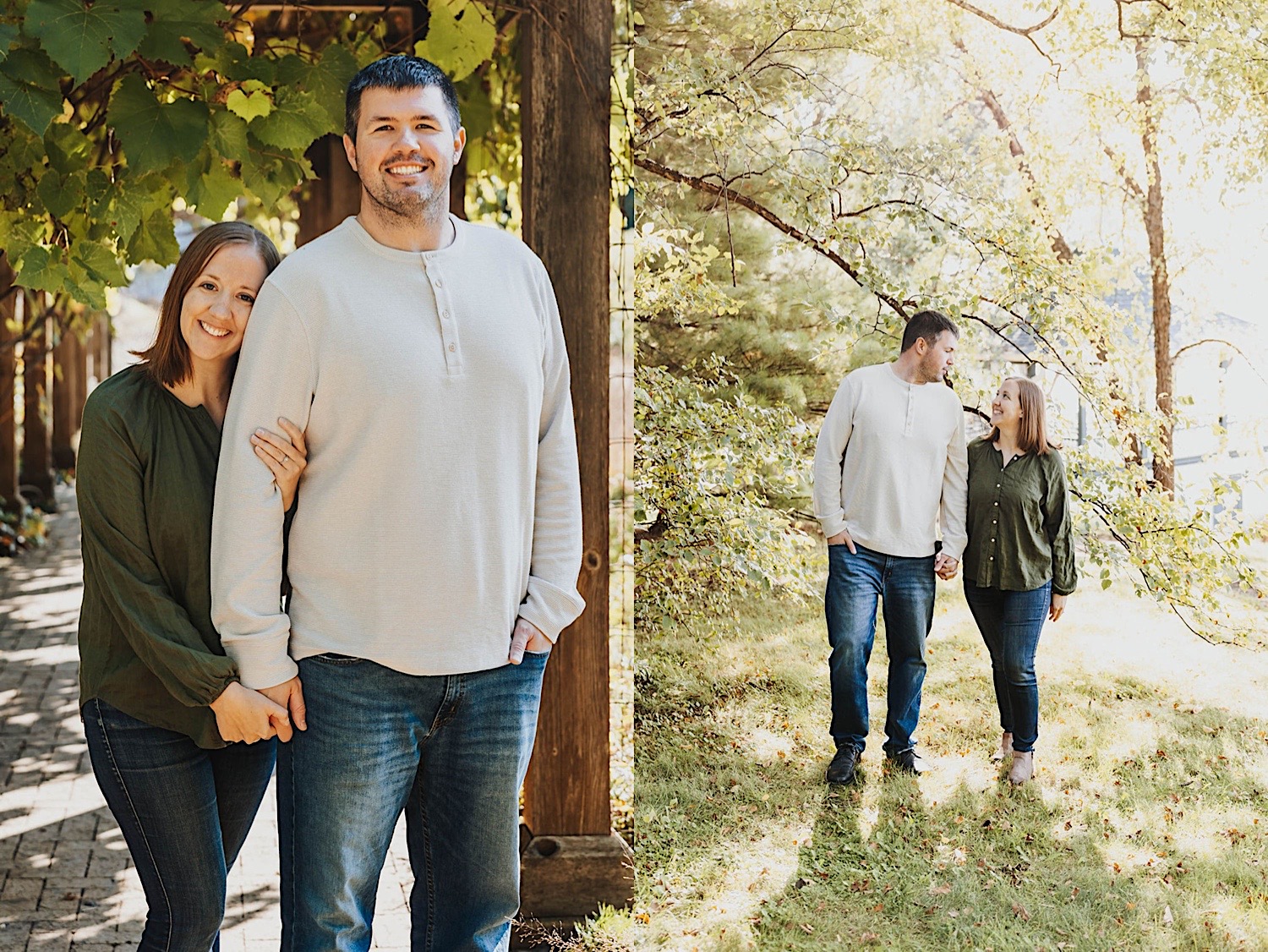 2 photos side by side, the left is of a man and woman standing next to one another and smiling at the camera in a park, the right is of them in the park walking hand in hand and talking to one another