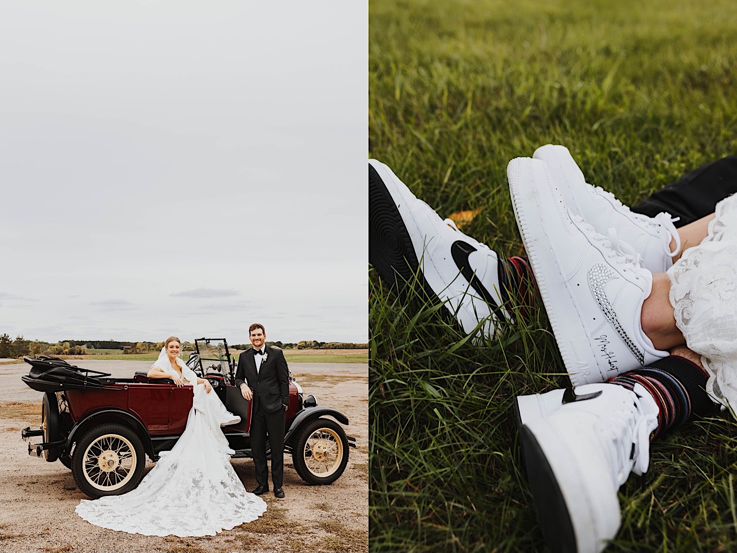 2 photos side by side, the left is of a bride and groom next to a vintage car, the right is a close up photo of a bride and groom wearing casual sneakers