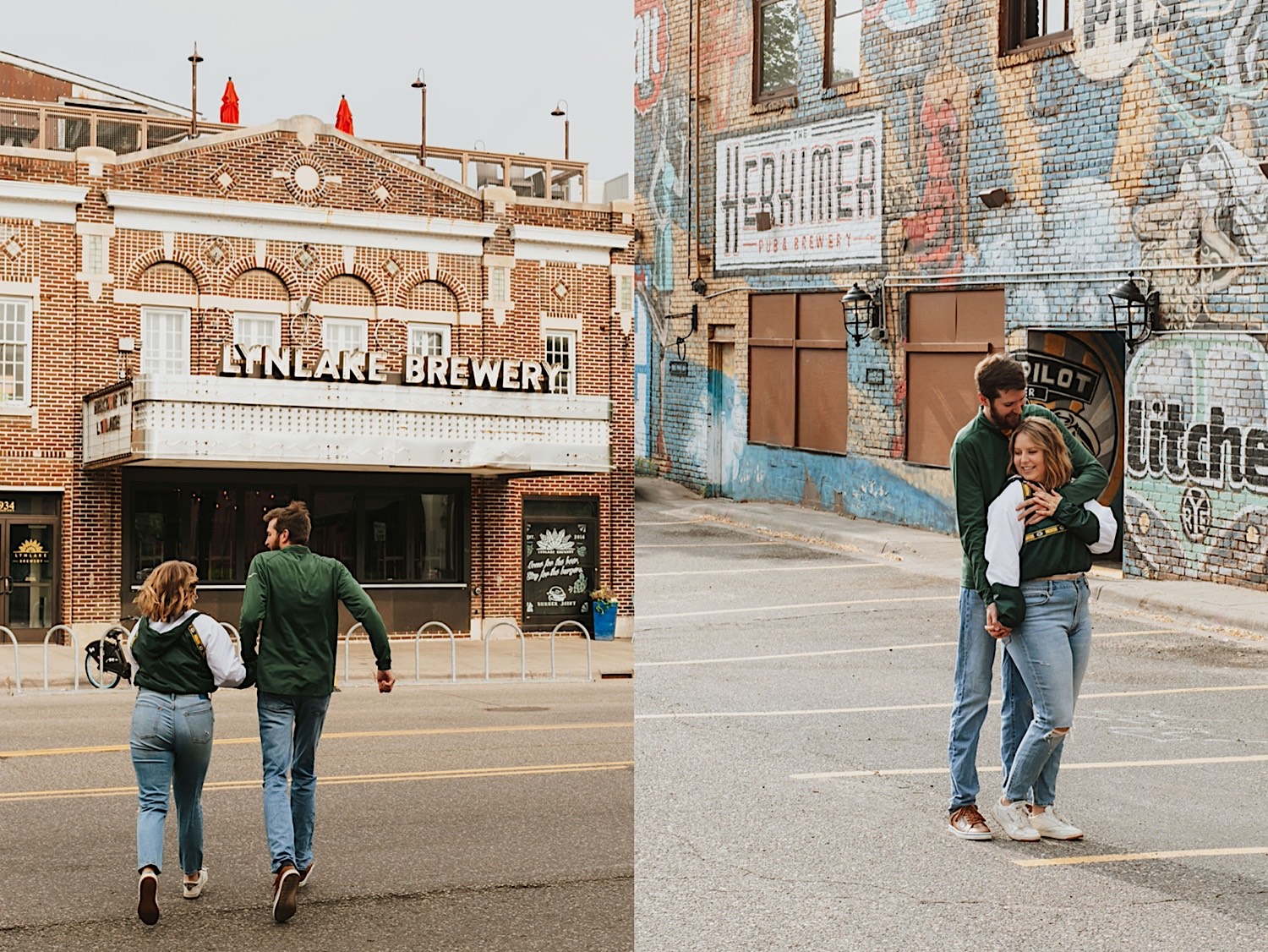 2 photos side by side of a couple, in the left they walk hand in hand across a street to the Lynlake Brewery, in the right the man is hugging the woman from behind