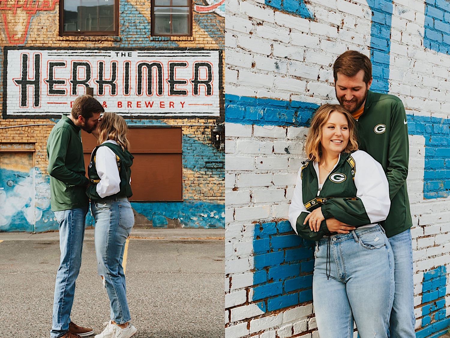 2 photos side by side, the right is of a man and woman kissing in front of a mural, the right is of them hugging and leaning against the wall with the mural