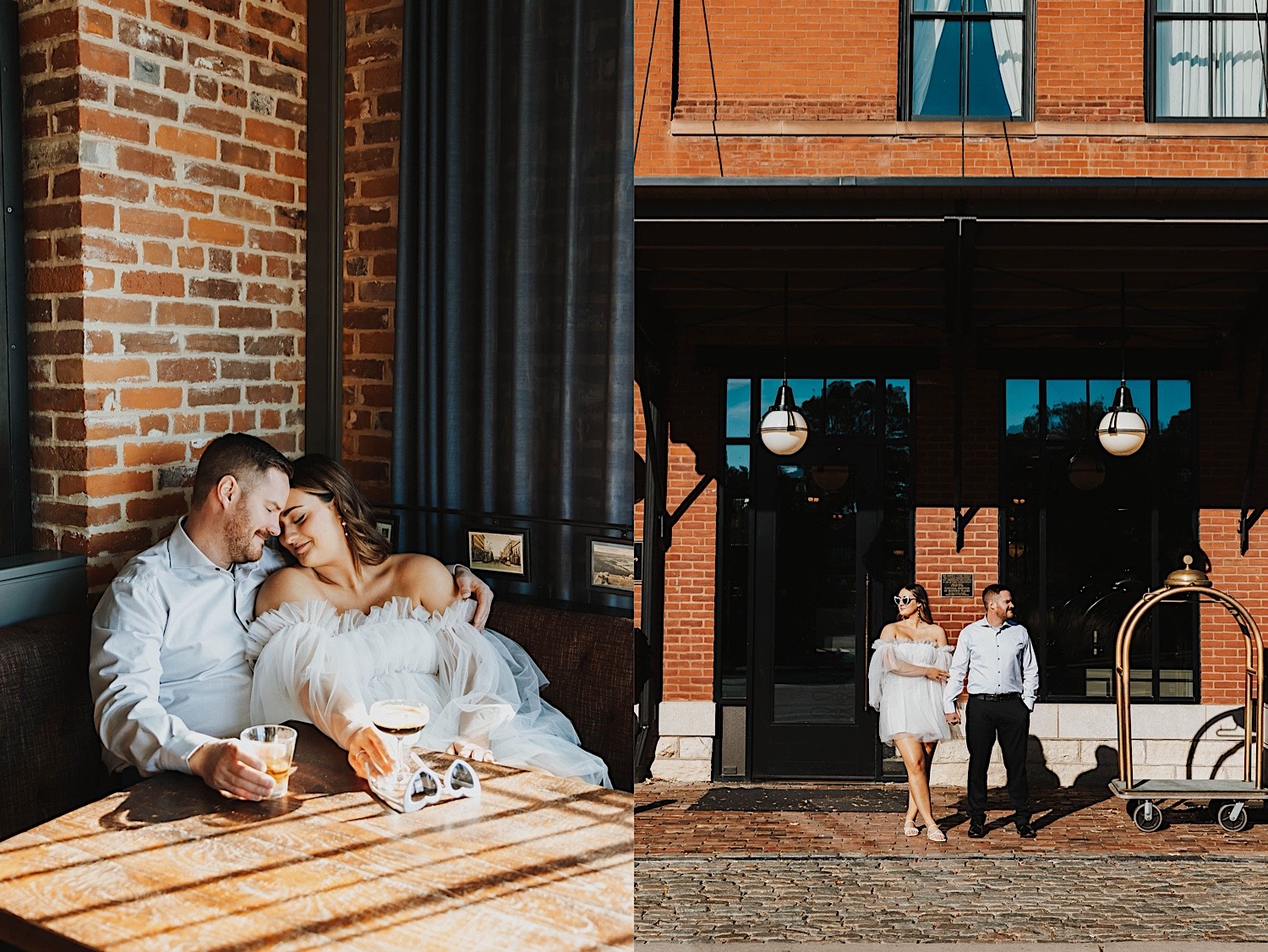 2 photos side by side of a couple in Minneapolis, the left is of them cuddling while sitting in a restaurant, the right is of them standing outside of the restaurant and holding hands