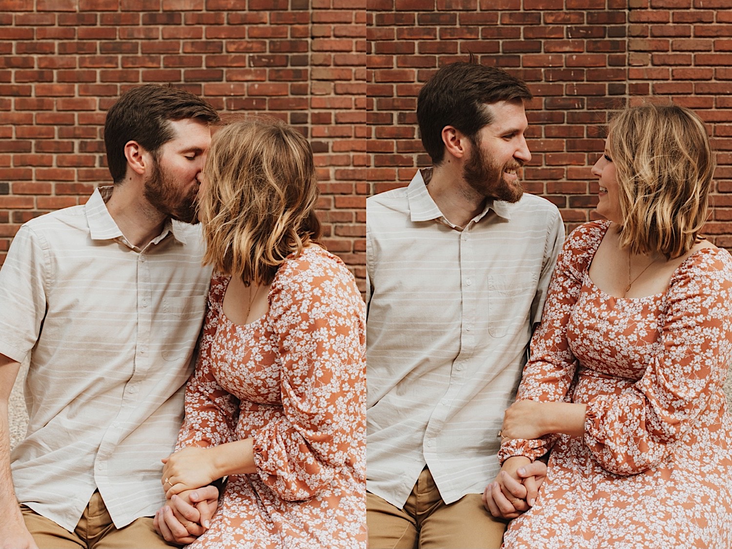 2 photos side by side of a couple in front of a brick wall, in the left photo they are kissing and in the right they are smiling at one another