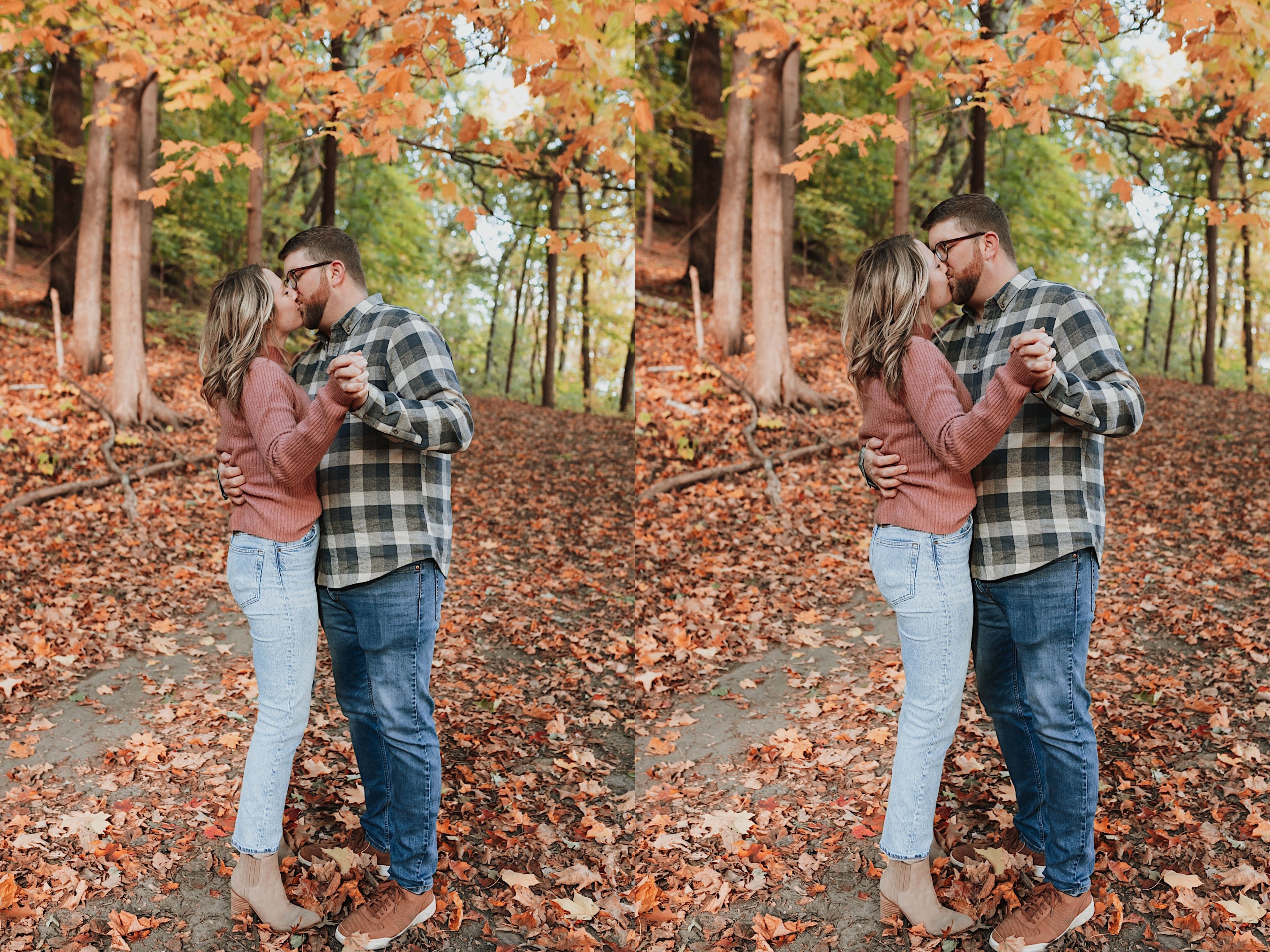 Two photos side by side of a couple standing on a trail in a forest that is covered in fall colored leaves as they dance with one another and kiss each other Two photos side by side of a couple standing on a trail in a forest that is covered in fall colored leaves as they dance with one another and kiss each other