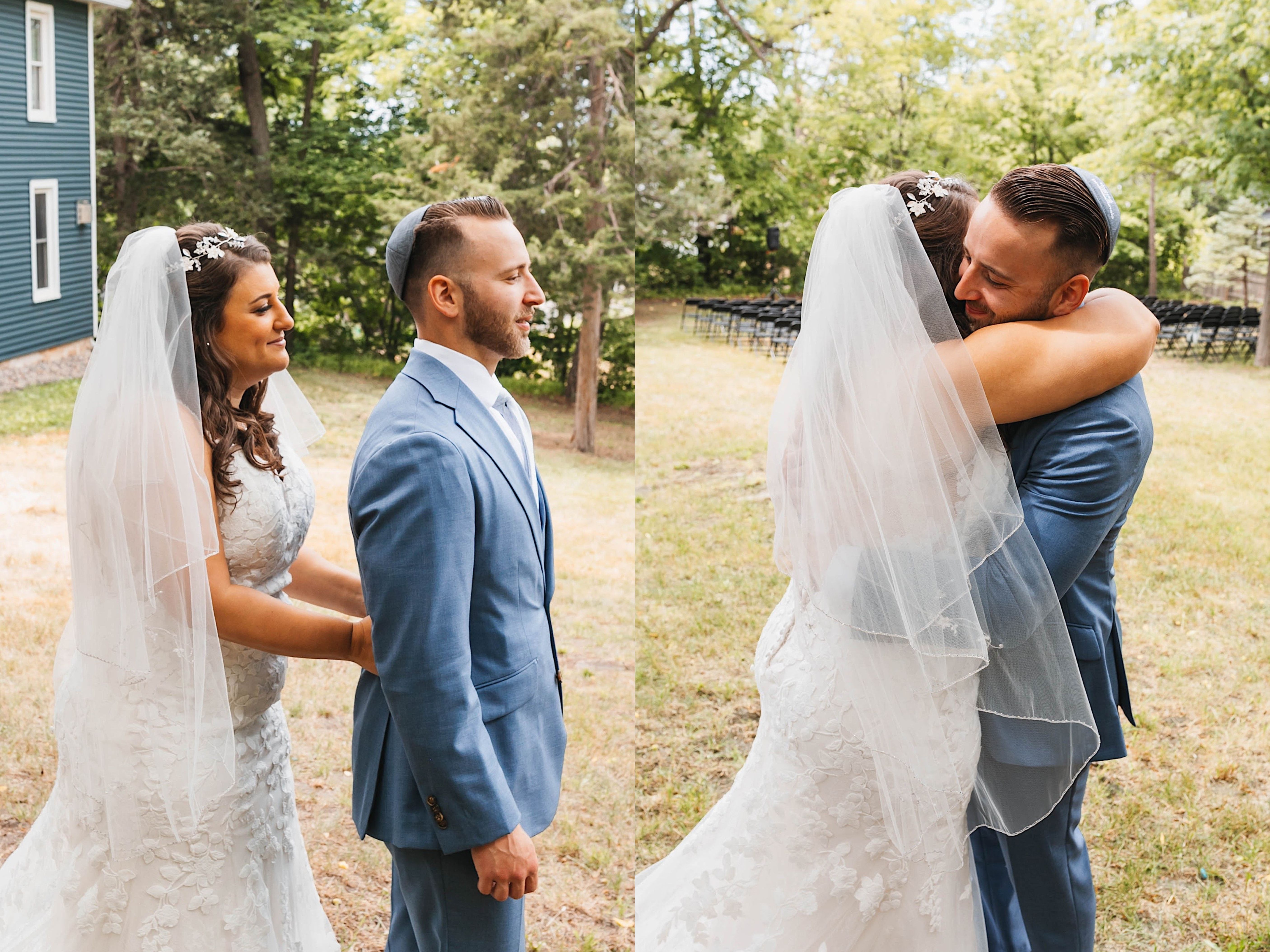 Side by side photos of a bride and groom, the left the bride is standing behind the groom and tapping him to turn around, the right photo is of the two of them hugging Side by side photos of a bride and groom, the left the bride is standing behind the groom and tapping him to turn around, the right photo is of the two of them hugging