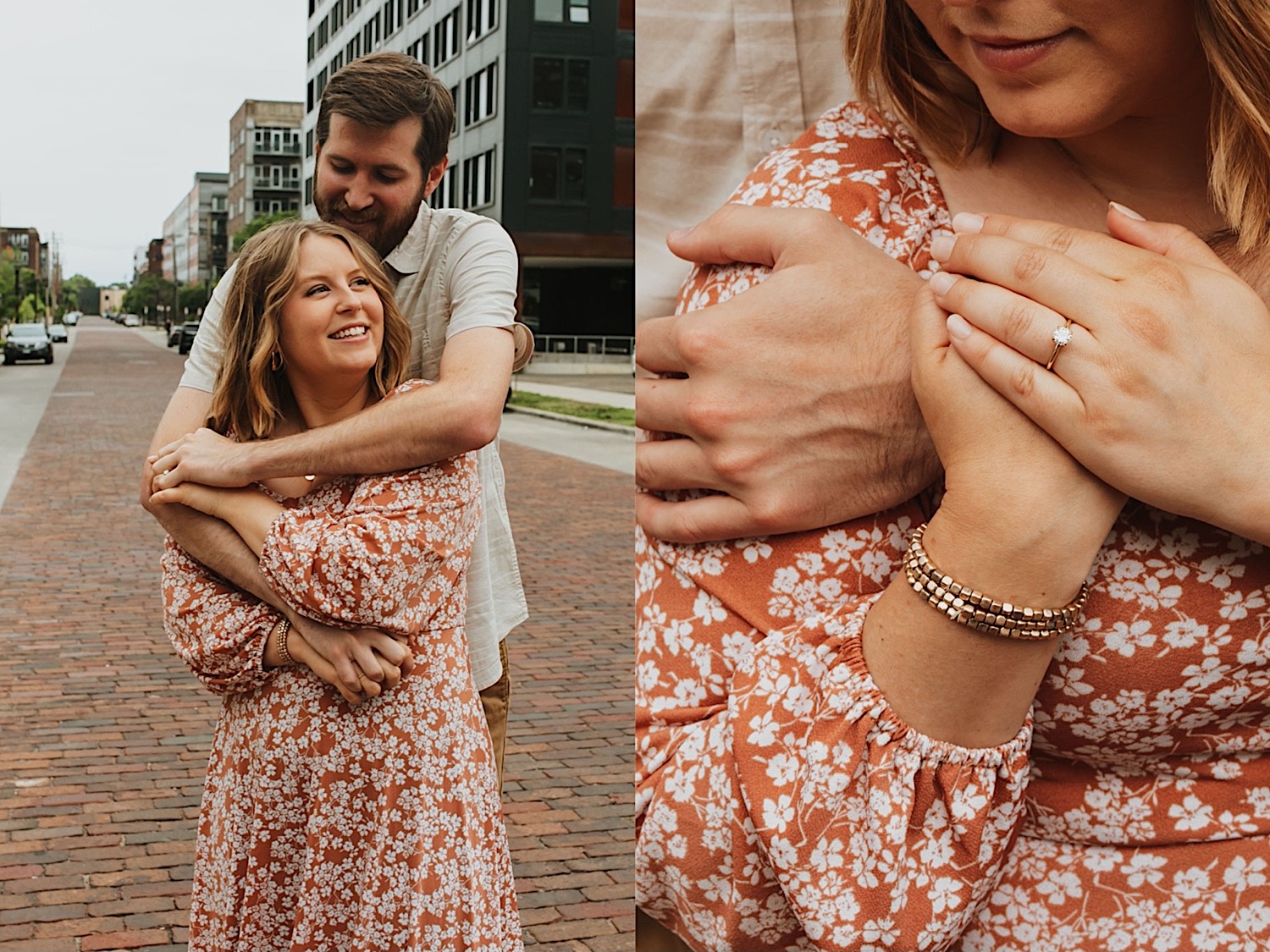 2 photos side by side, the left is of a man hugging a woman from behind as she smiles at him, the right is a close up of the woman's hand showing off her engagement ring