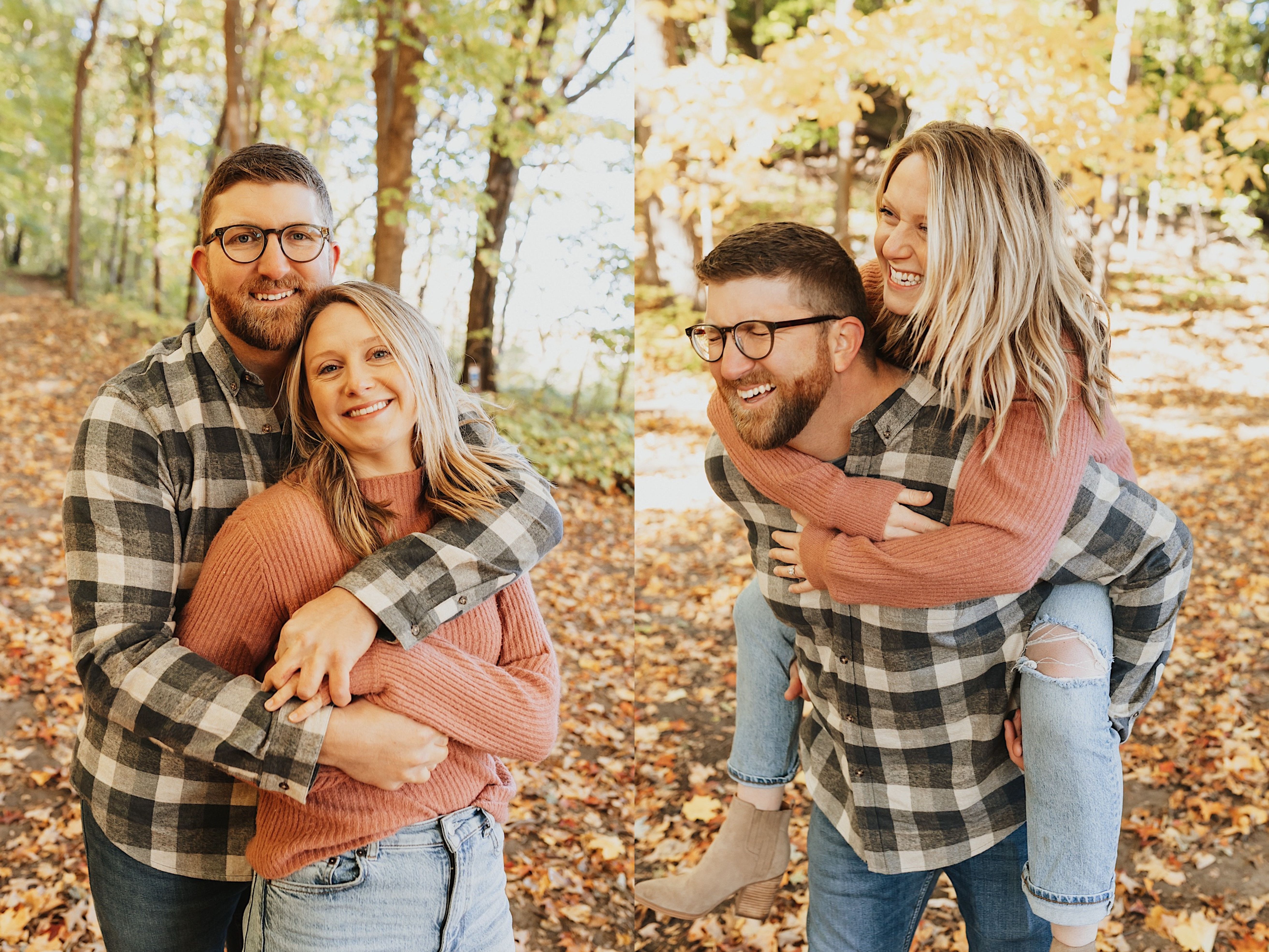 Two photos side by side, the left is of a man hugging a woman from behind as they both smile at the camera, the right is of the same couple and the woman is getting a piggyback ride from the man as they both smile to the left, both photos were taken on a leaf covered trail in the forest in the fall Two photos side by side, the left is of a man hugging a woman from behind as they both smile at the camera, the right is of the same couple and the woman is getting a piggyback ride from the man as they both smile to the left, both photos were taken on a leaf covered trail in the forest in the fall