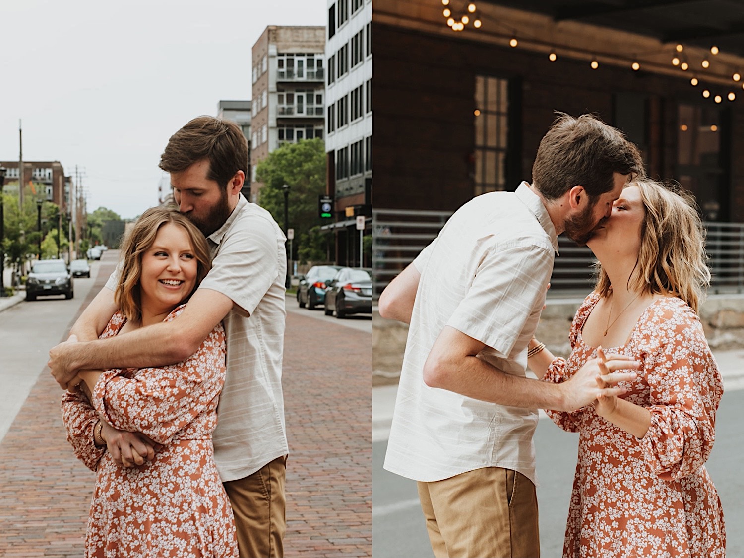 2 photos side by side of a couple, the left is of a man hugging a woman from behind and kissing her head, the right is of the two kissing while under string lights
