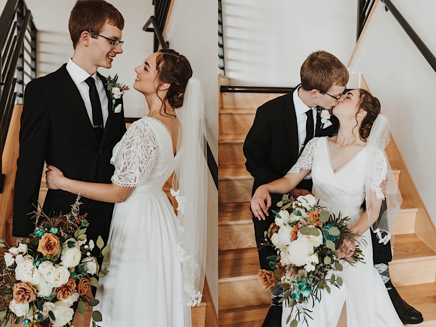 2 photos side by side of a bride and groom on a staircase together, in the left photo they are smiling at one another, in the right they are kissing as the bride sits in front of the groom