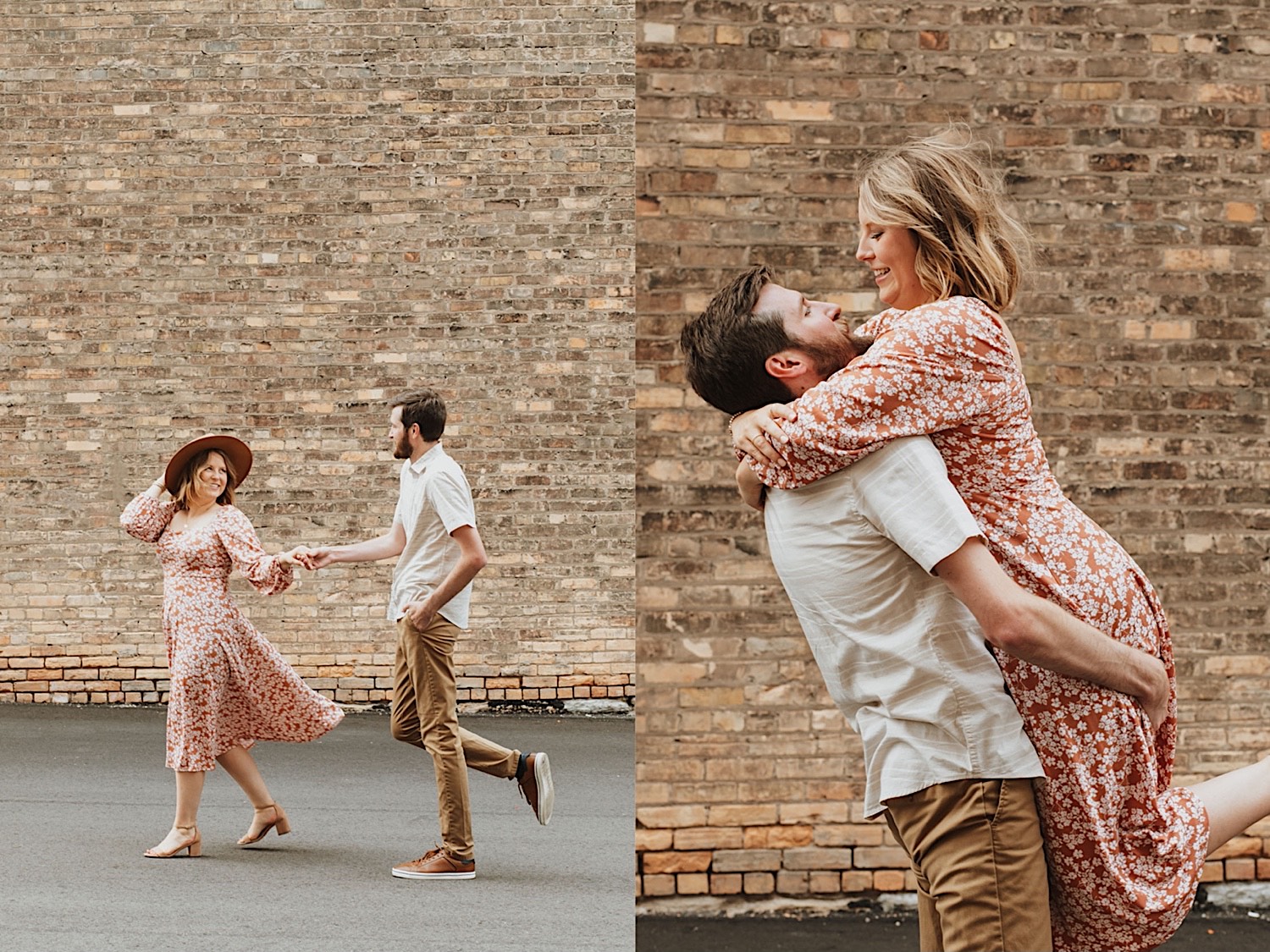 2 photos side by side of a couple in front of a brick wall, the left is of them walking together as the woman looks back at the man, the right is of the man lifting the woman in the air as they smile at each other