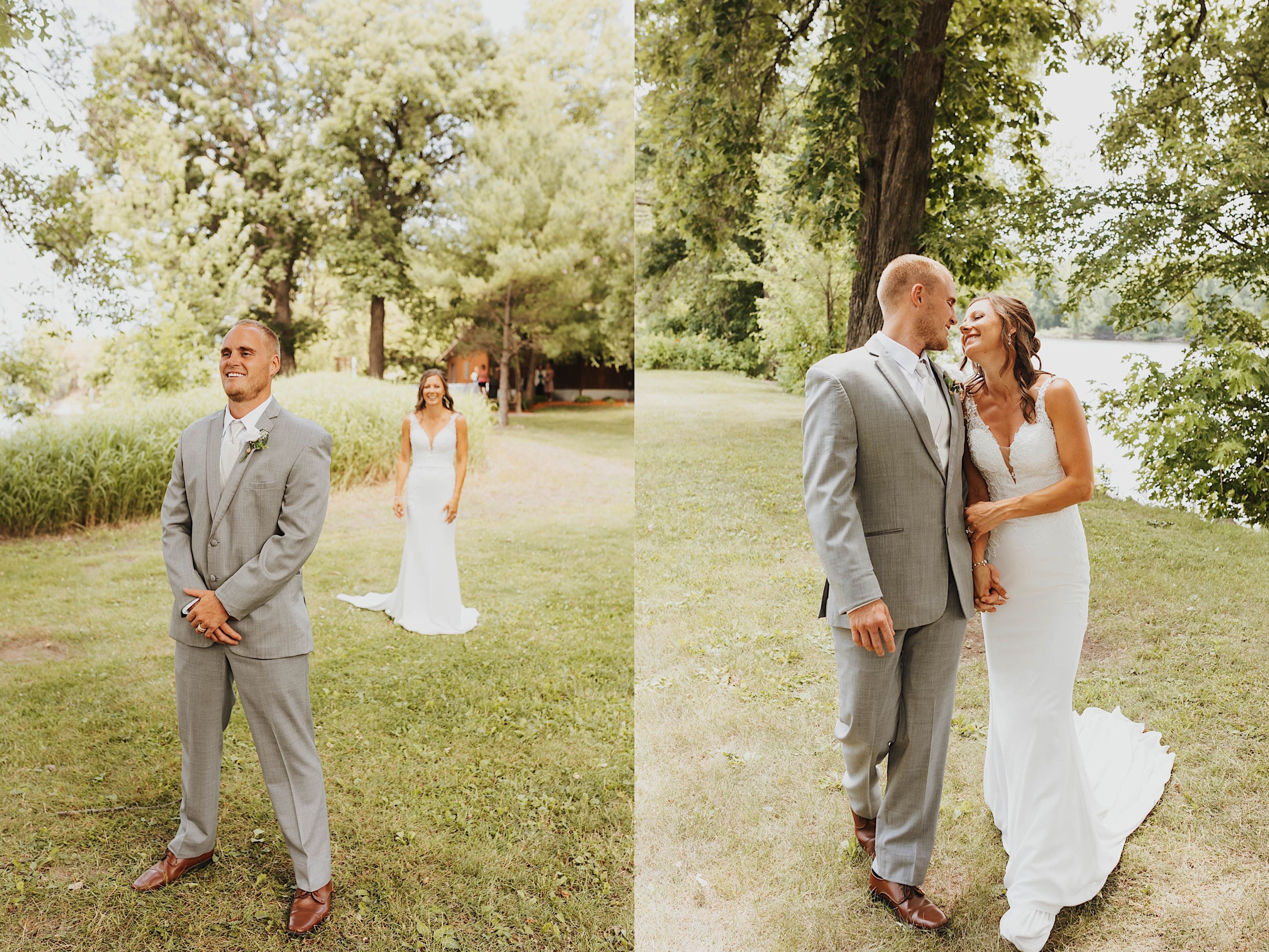 2 photos side by side, the left photo is of a bride walking up to the groom from behind, the right is the two walking hand in hand