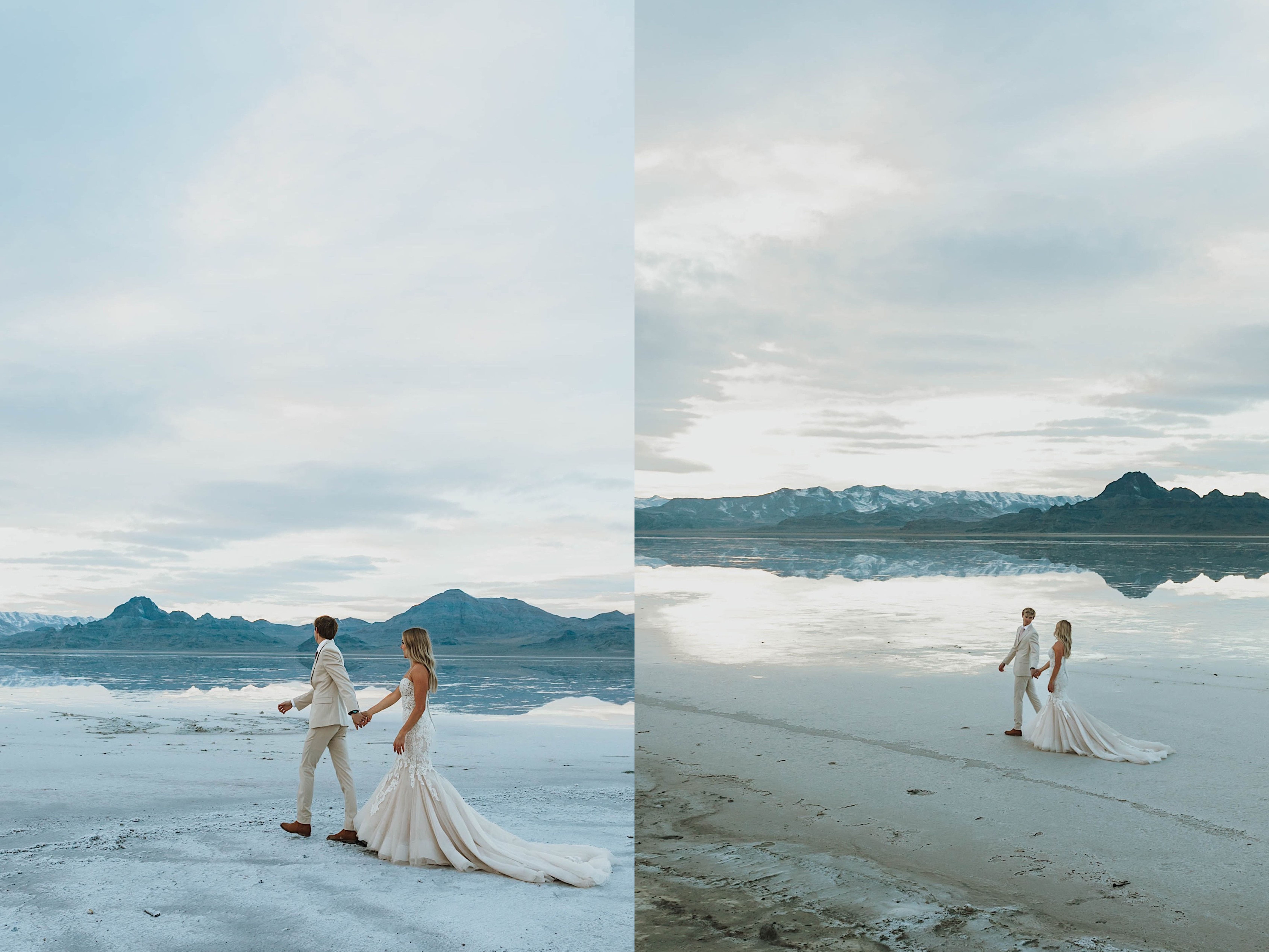 2 photos side by side, of a bride and groom walking along through the Utah Salt Flats while holding hands and laughing with one another 2 photos side by side, of a bride and groom walking along through the Utah Salt Flats while holding hands and laughing with one another