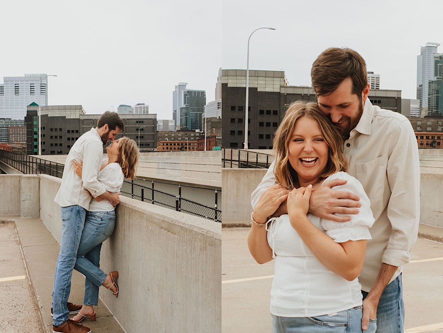 2 photos side by side of a couple on the top level of a parking garage in downtown Minneapolis, in the left they smile as they're about to kiss and in the right the man hugs the woman from behind