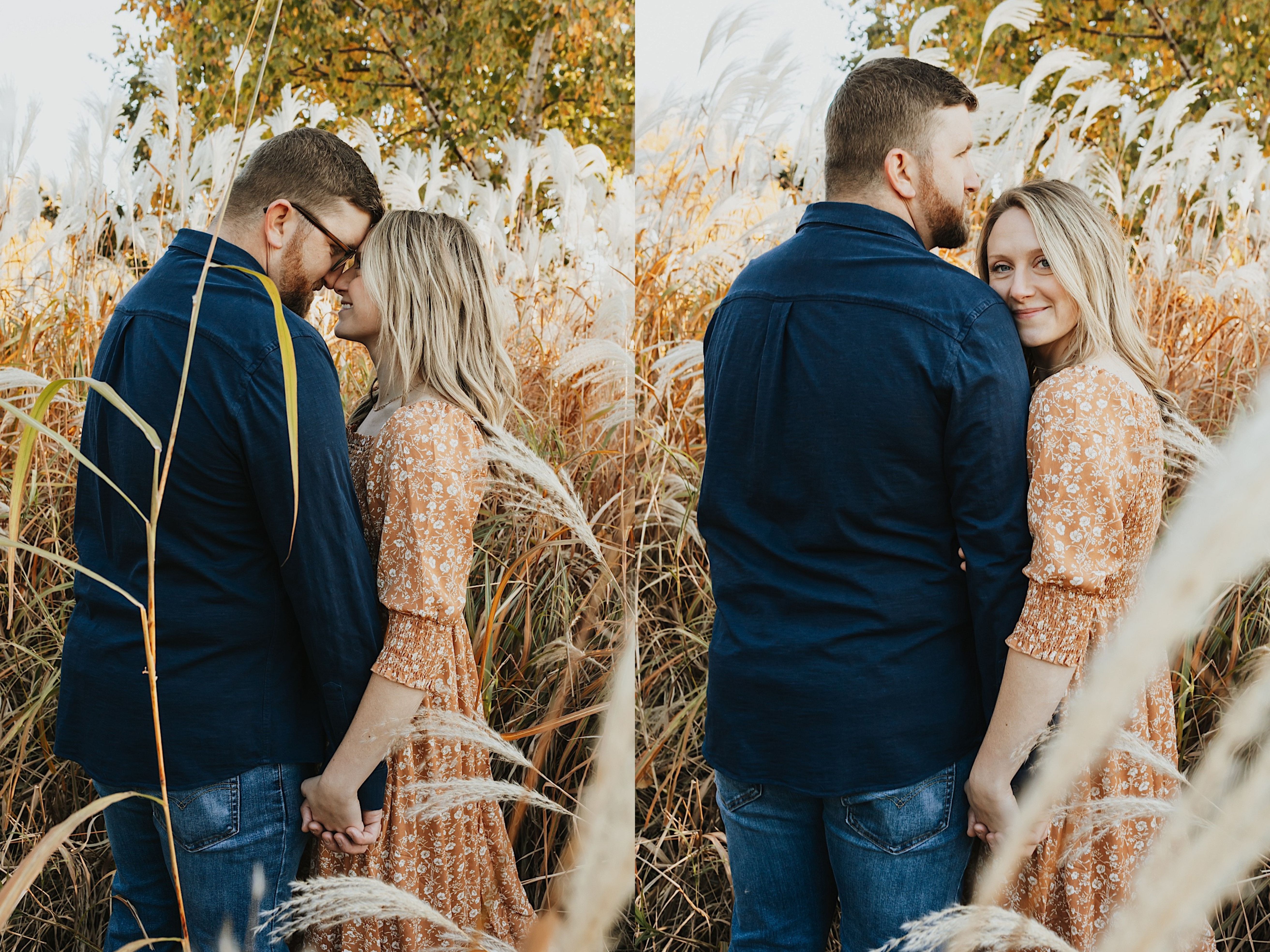 Two photos side by side of a couple standing in a field together that has turned brown from the fall weather, the left photo they are touching foreheads together while smiling at each other and in the right photo they are facing away from the camera with the man looking right and the woman looking back over her shoulder smiling at the camera Two photos side by side of a couple standing in a field together that has turned brown from the fall weather, the left photo they are touching foreheads together while smiling at each other and in the right photo they are facing away from the camera with the man looking right and the woman looking back over her shoulder smiling at the camera