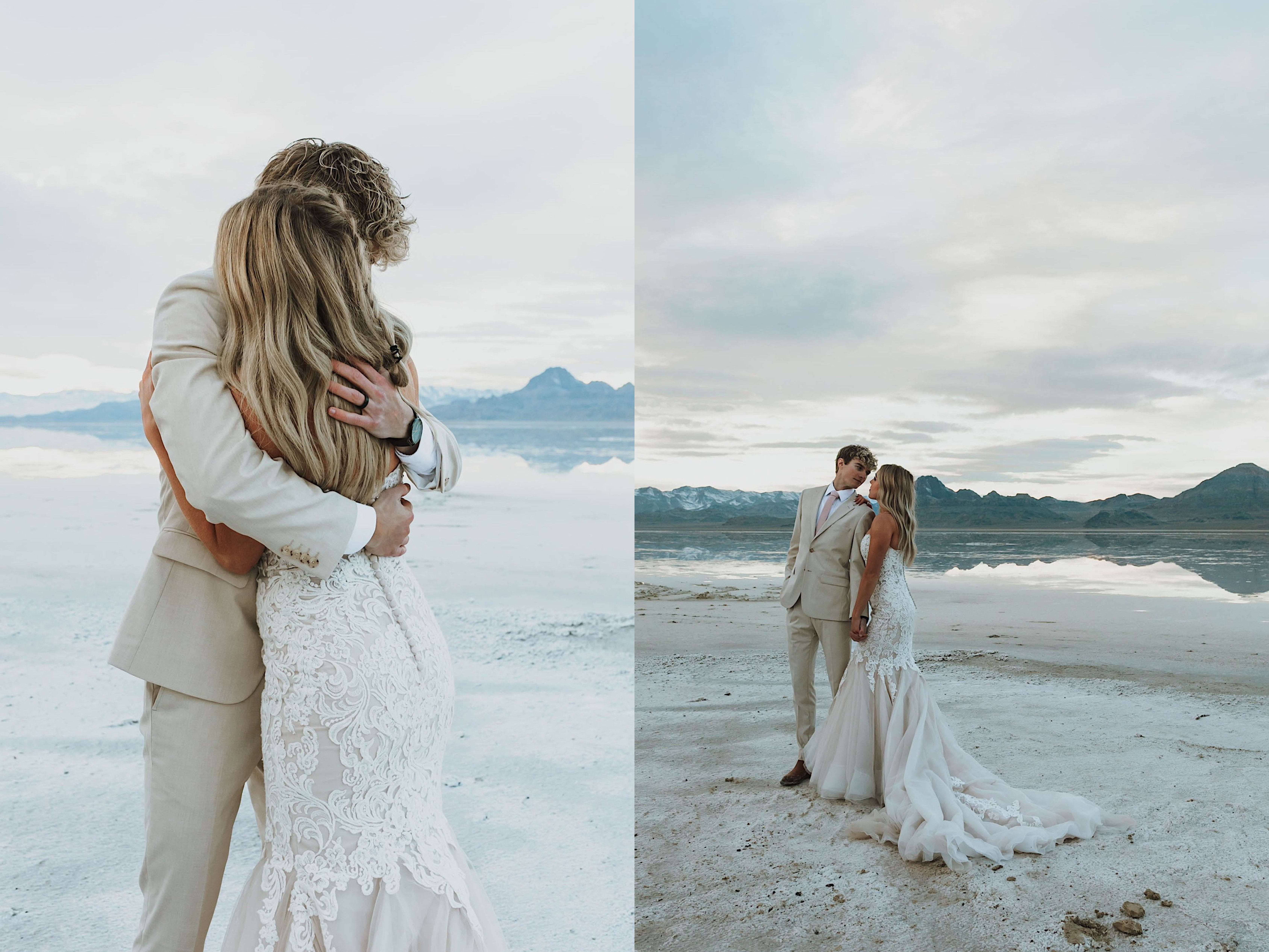 2 photos side by side of a bride and groom in the Utah Salt Flats, the left is of them hugging one another and the right is of them holding hands while looking at one another 2 photos side by side of a bride and groom in the Utah Salt Flats, the left is of them hugging one another and the right is of them holding hands while looking at one another
