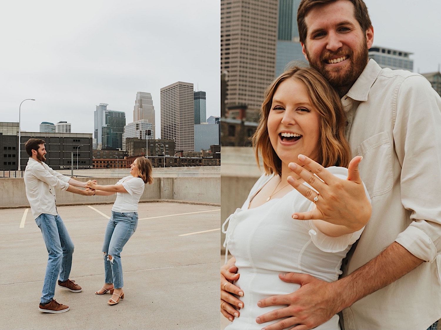 2 photos side by side of a couple on the top level of a parking garage in downtown Minneapolis, in the left they hold hands as they spin in a circle and in the right the man is hugging the woman from behind as she shows off her engagement ring
