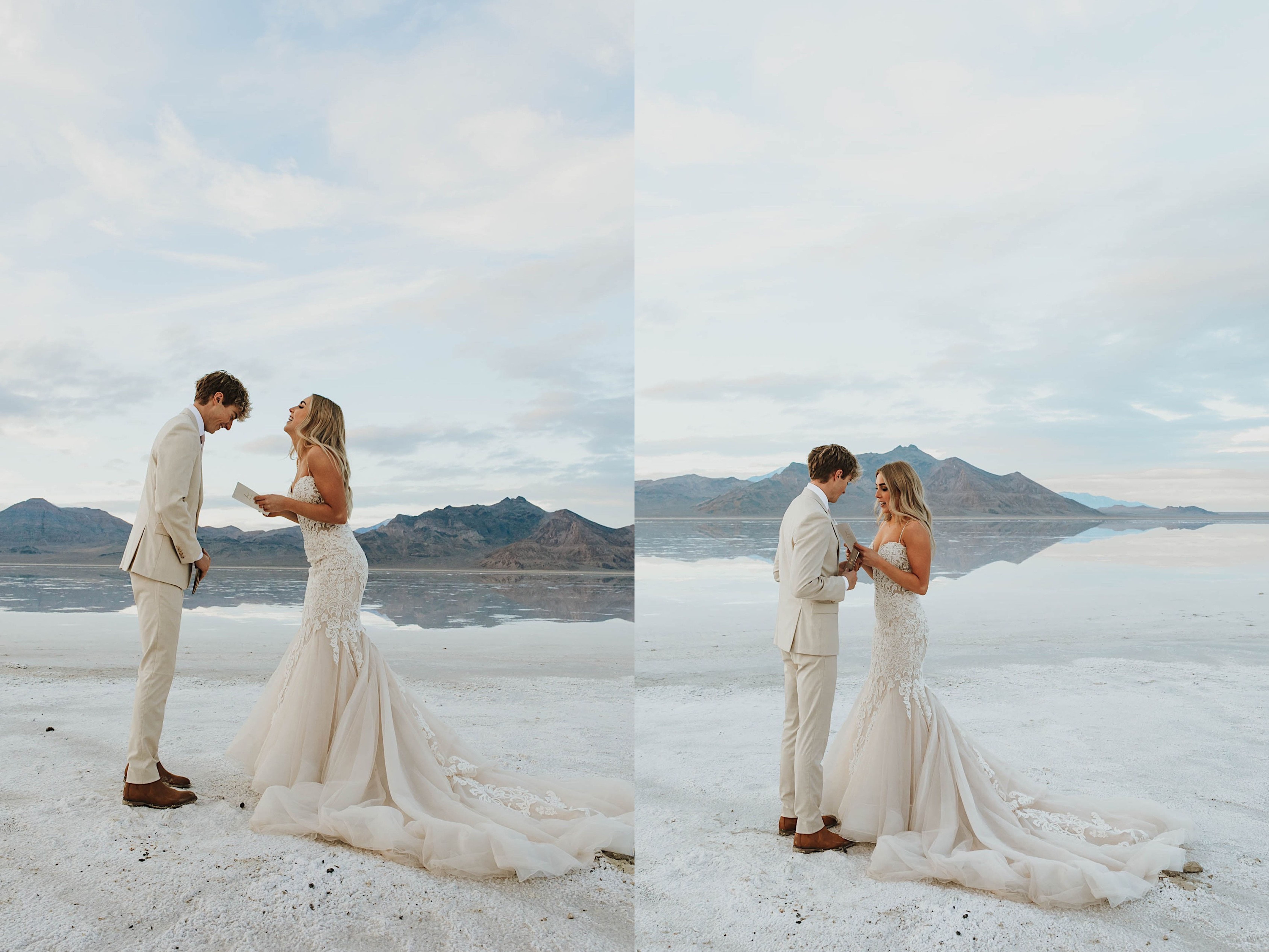 2 photos side by side of a bride and groom in the Utah Salt Flats reading their wedding vows to one another 2 photos side by side of a bride and groom in the Utah Salt Flats reading their wedding vows to one another