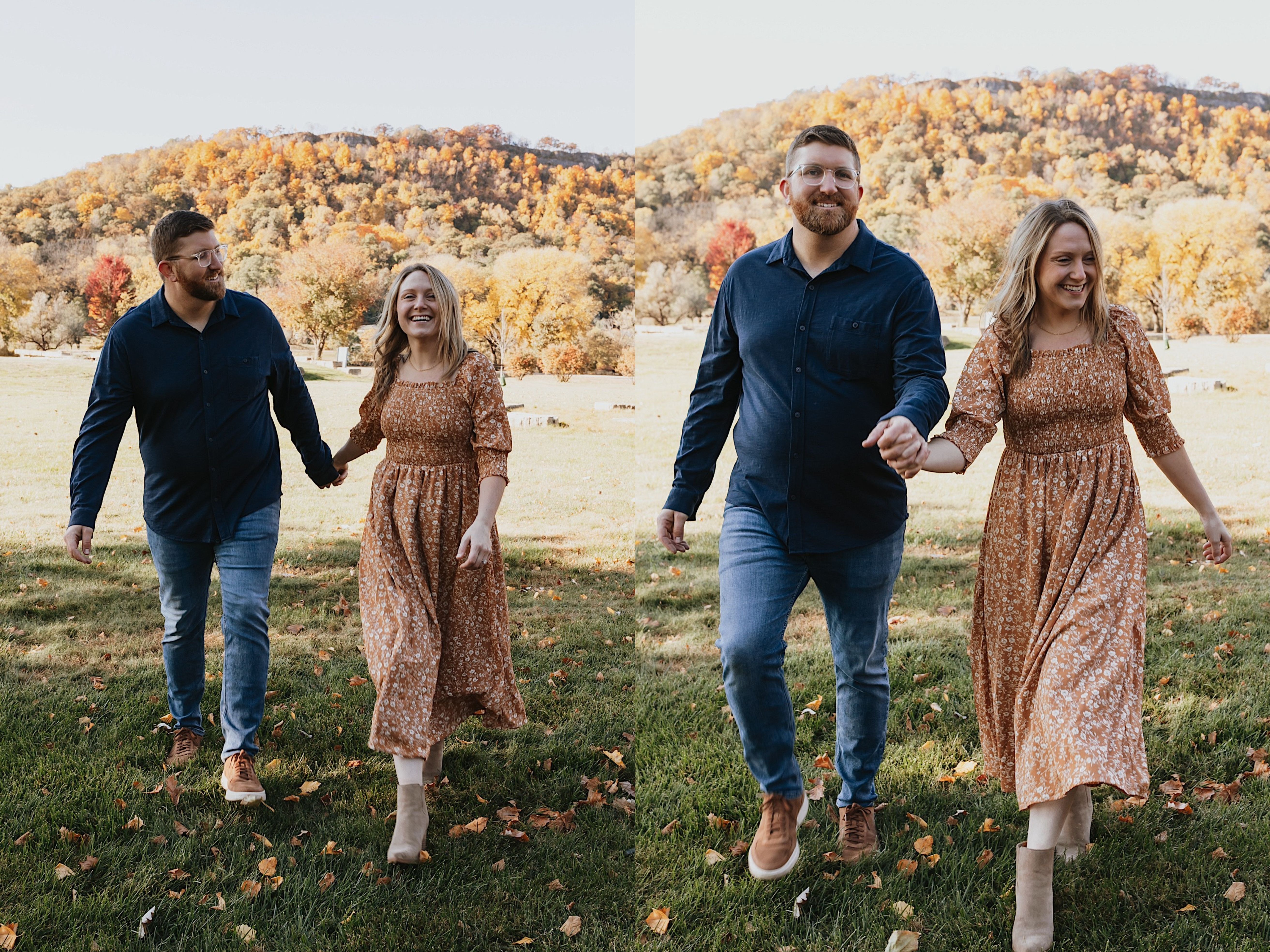 Two photos side by side of a couple walking hand in hand towards the camera while in a park with a hill behind them where the leaves have all changed colors Two photos side by side of a couple walking hand in hand towards the camera while in a park with a hill behind them where the leaves have all changed colors