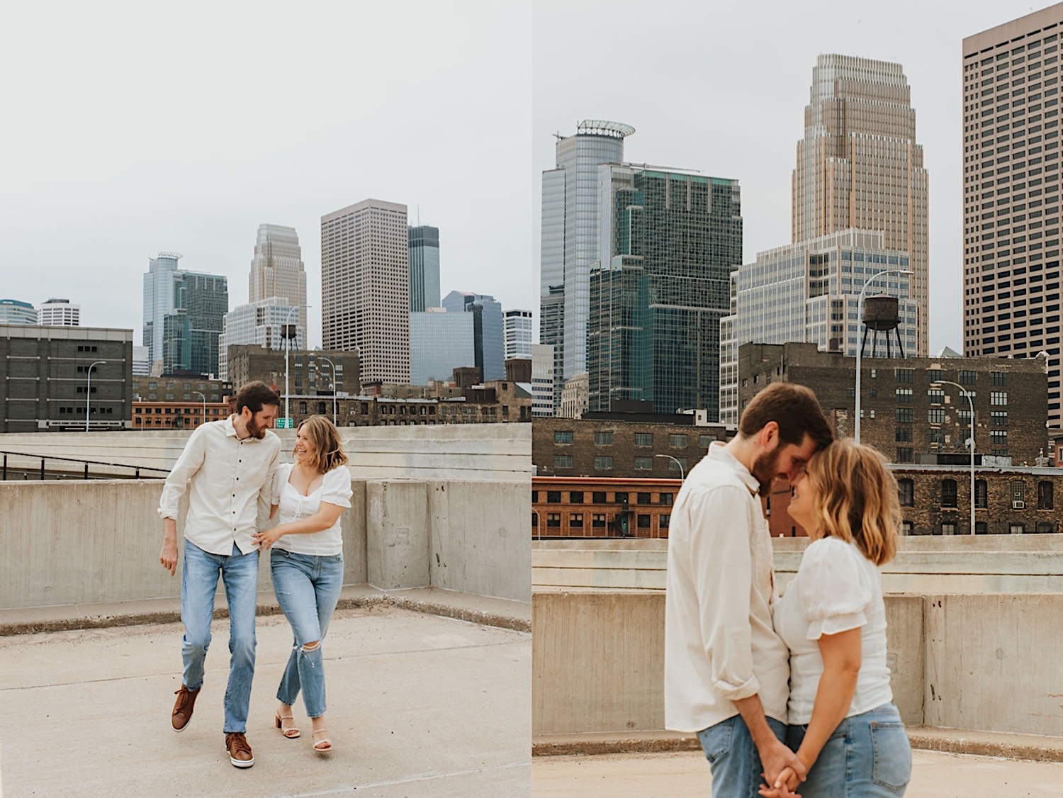 2 photos side by side of a couple on the top level of a parking garage in downtown Minneapolis, in the left they hold hands and run towards the camera, in the right they are touching foreheads and about to kiss