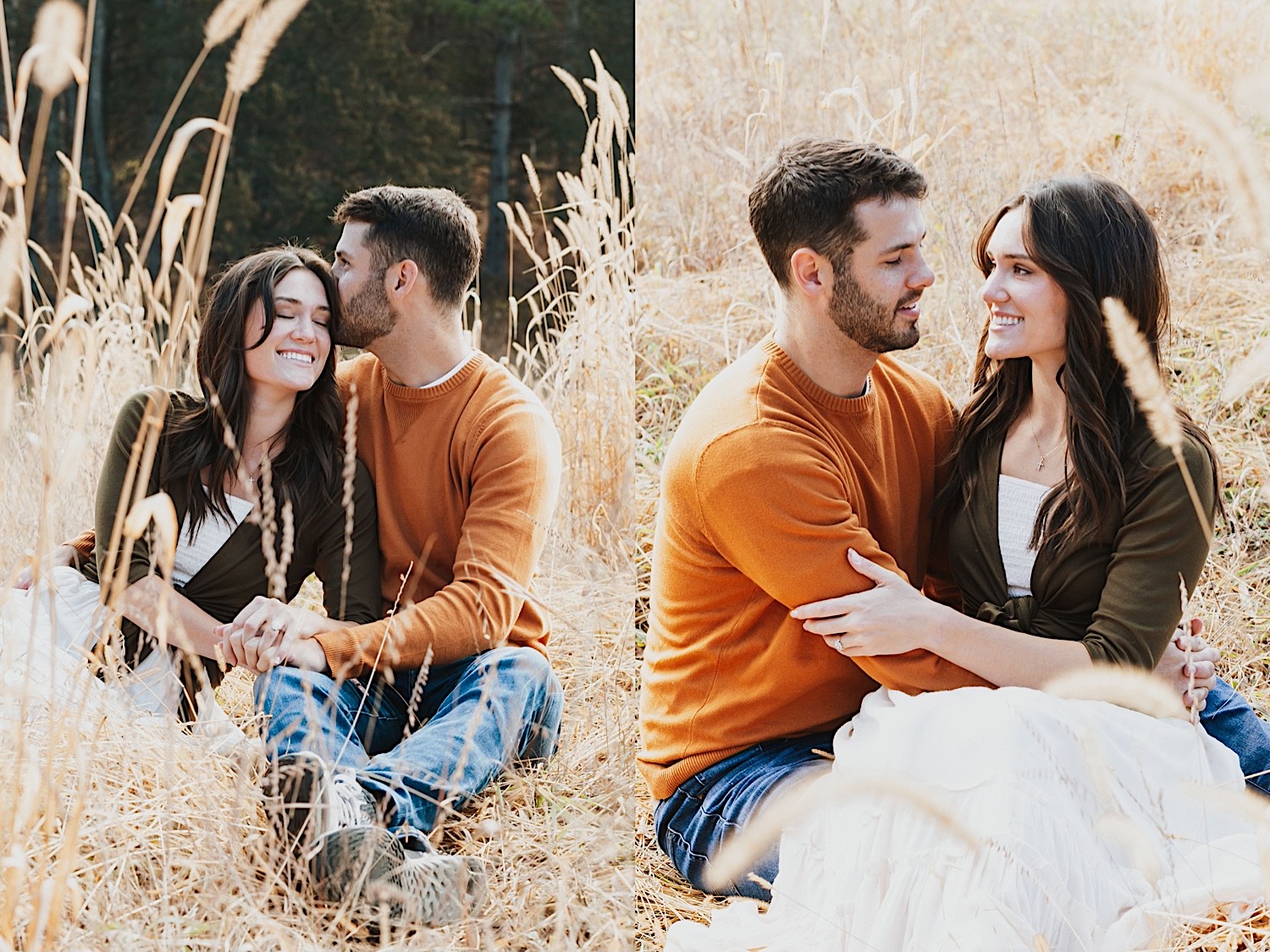2 photos side by side of a couple, the left is of the woman smiling while the man kisses her on the head while they sit in a field, the right photo of the same couple sit in a field and smile at one another