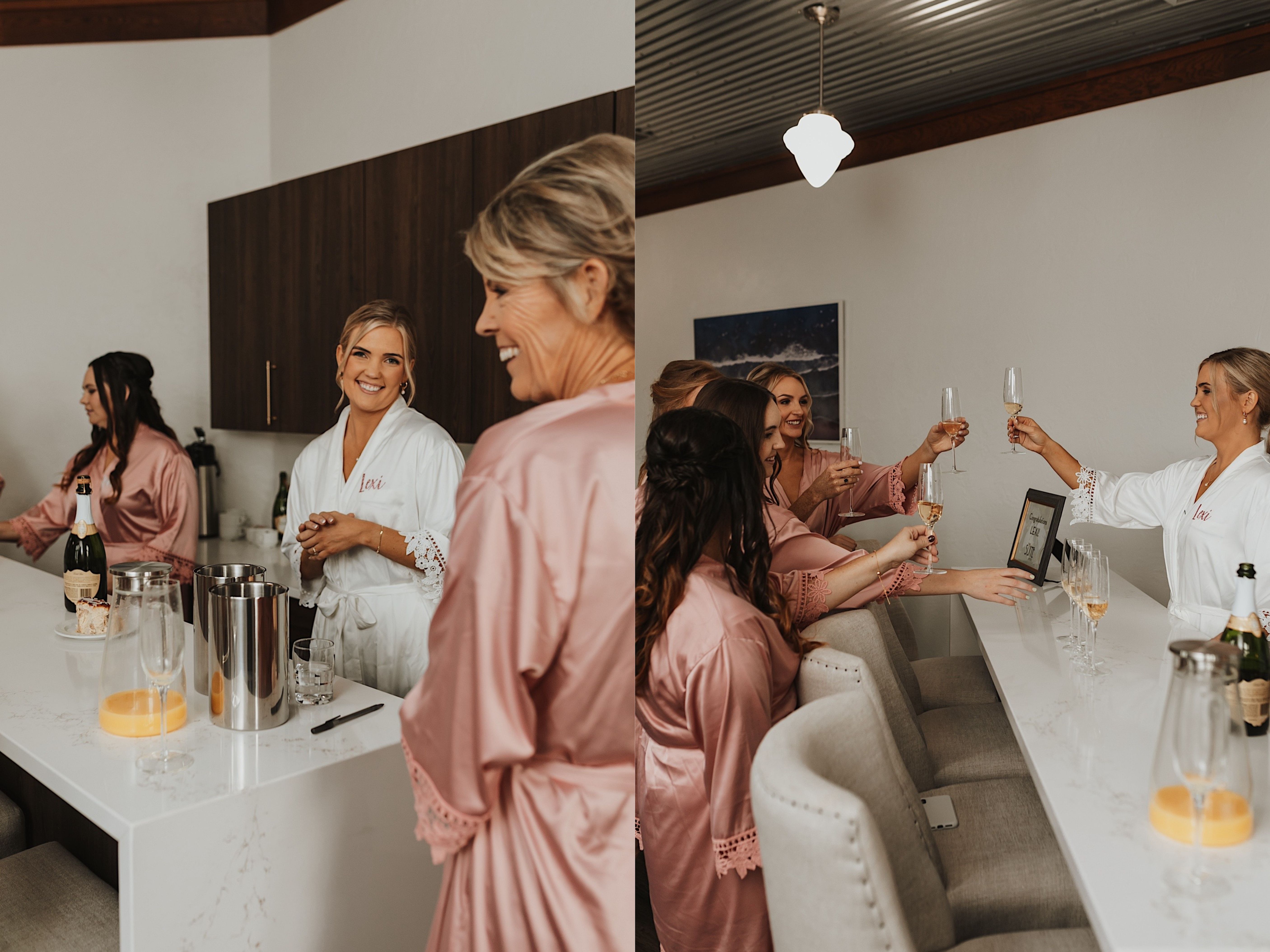 side by side photos of a bride and her bridesmaids getting ready before a wedding