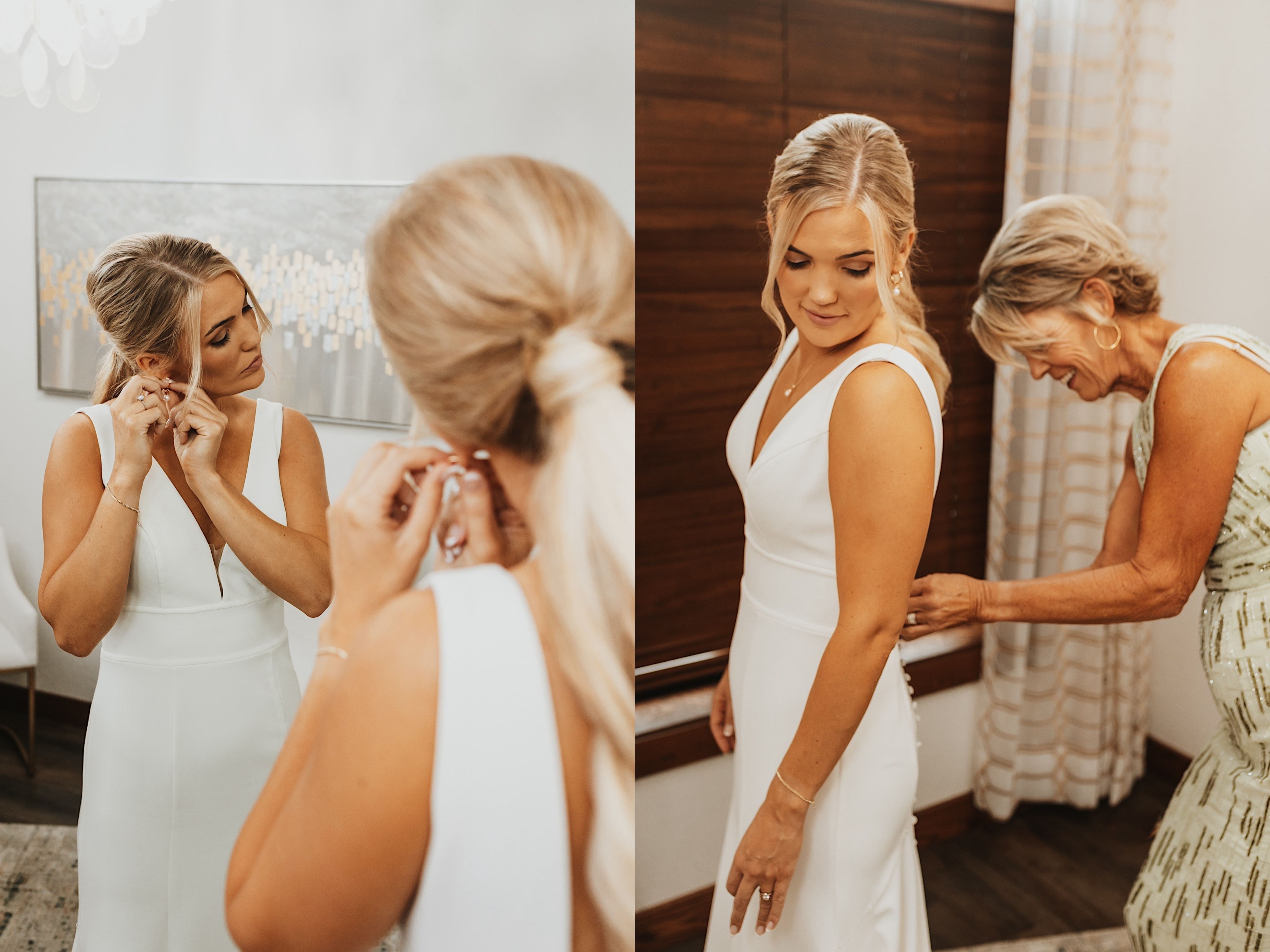 2 side by side photos, the left photo is of a bride putting an earing on in the mirror, the left photo is of a mother zipping up the back of the brides dress