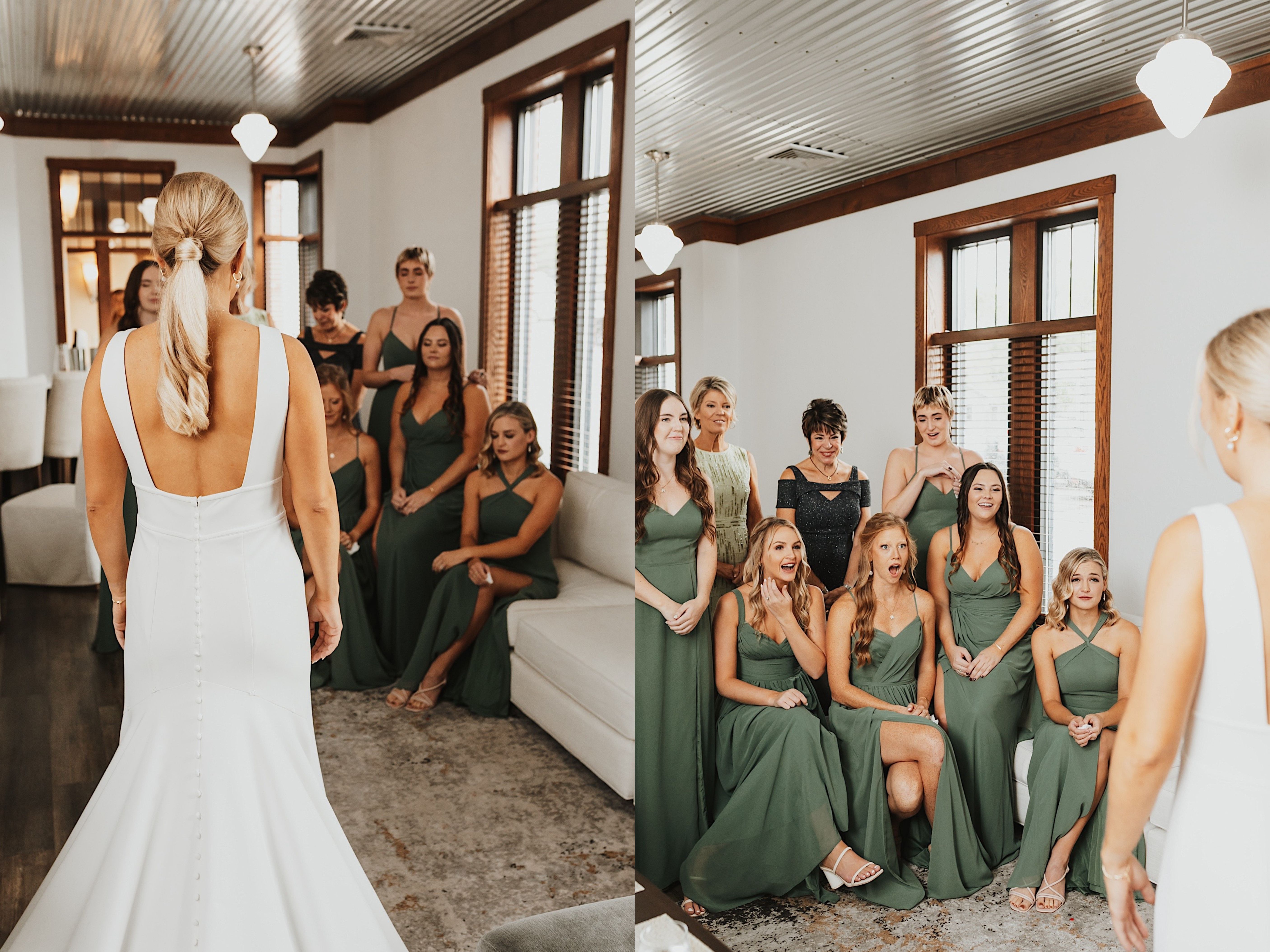 2 side by side photos, the left is of a bride in her wedding dress standing in front of her wedding party with their eyes closed, the right photo is the wedding party's reaction when they open their eyes