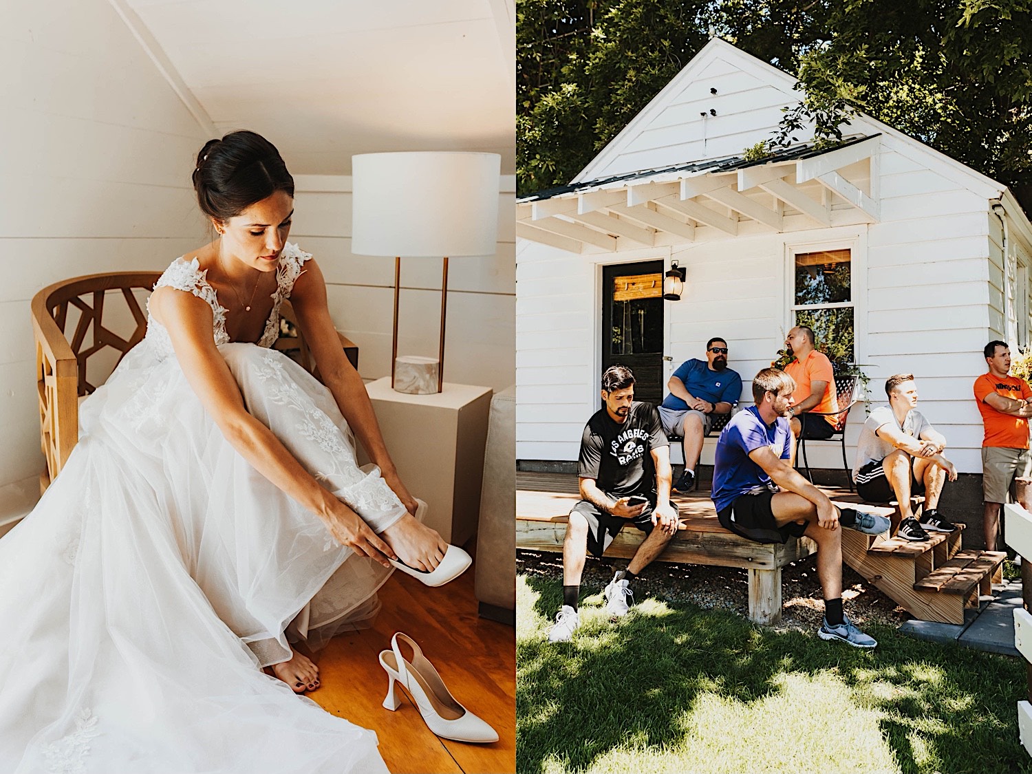 2 photos side by side, the left is of a bride sitting down while putting on her shoes, the right is of the groom and groomsmen sitting outside of a house and hanging out prior to getting ready for the wedding