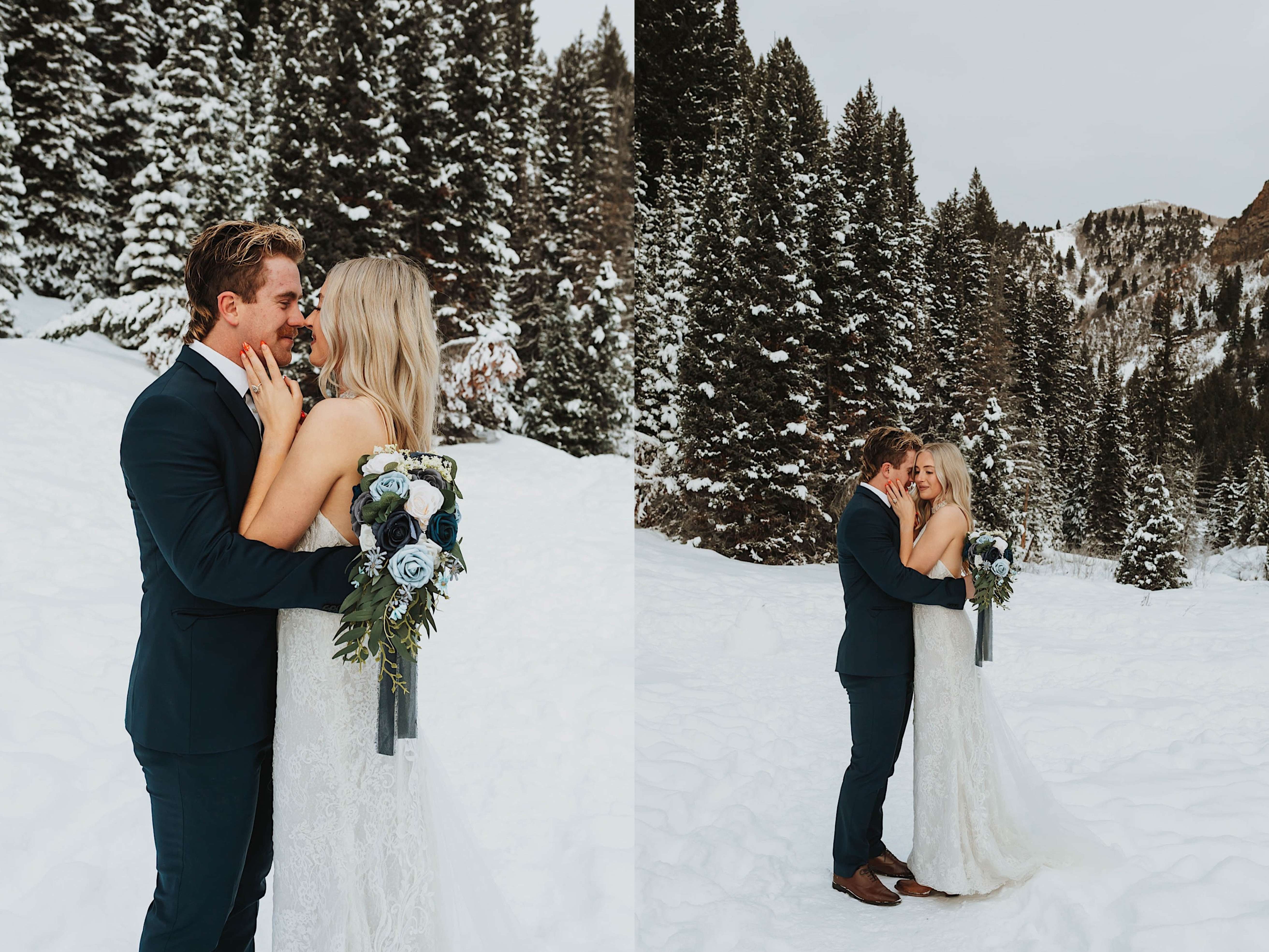 Two photos side by side of a bride and groom embracing one another and about to kiss in the snow, the left photo is a close up while the right photo shows more of the snow covered trees