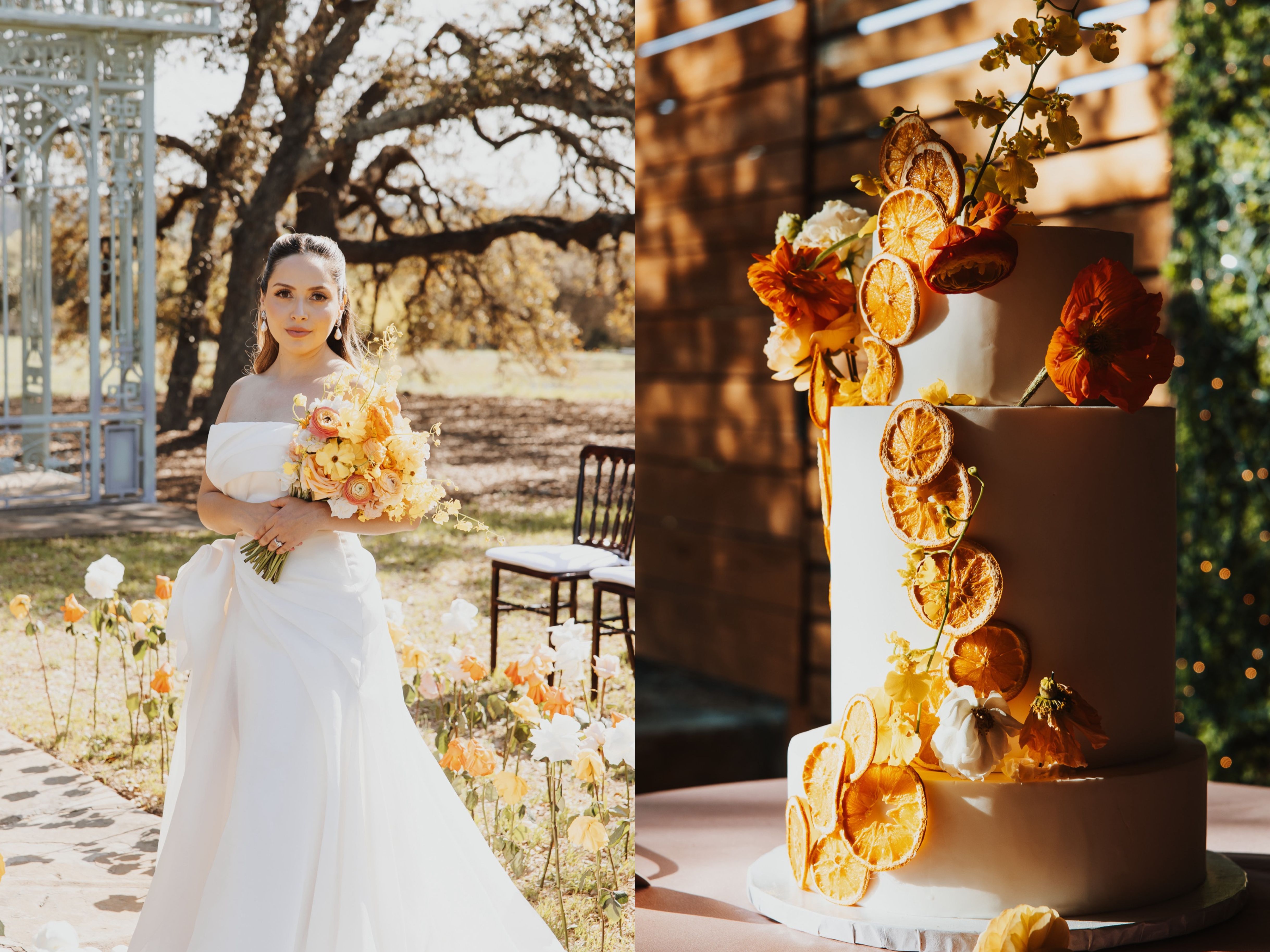 A bride stands with a yellow and orange wildflower bouquet surrounded by stems lining the aisle of her wedding ceremony. 