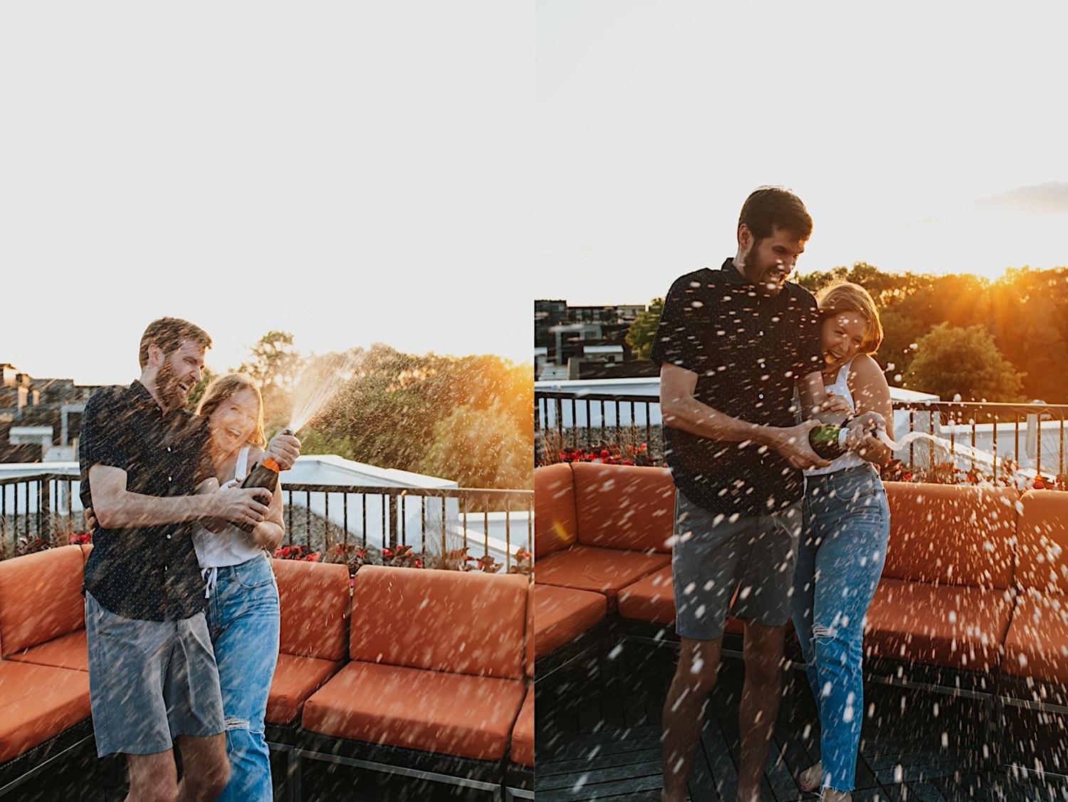 2 photos side by side of an engaged couple popping a bottle of champagne while on a roof at sunset, and smiling as it sprays everywhere