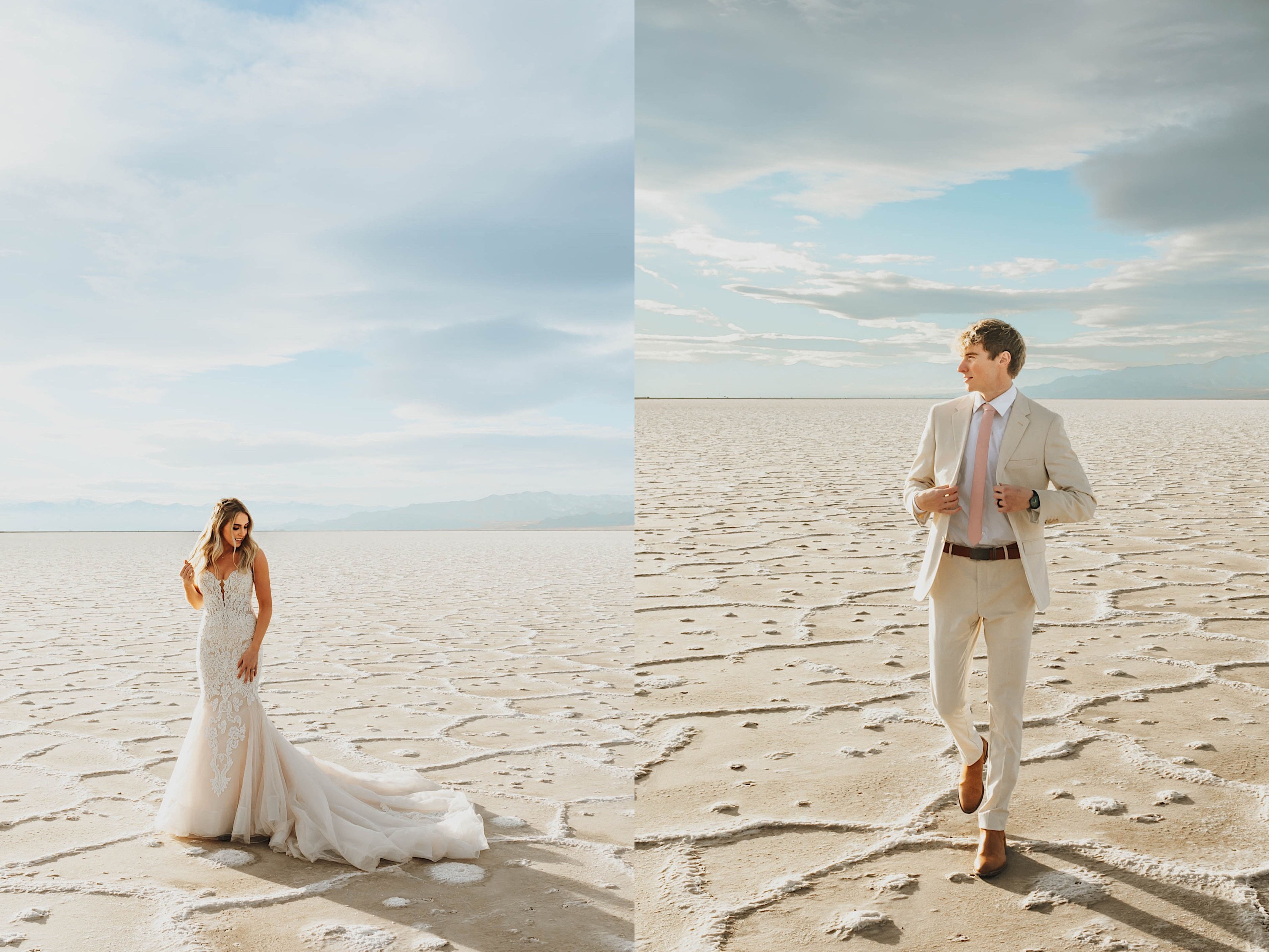 2 side by side photos, the left is a portrait photo of a bride looking at her dress, the right is of the groom walking and adjusting his coat, both are in the Utah Salt Flats