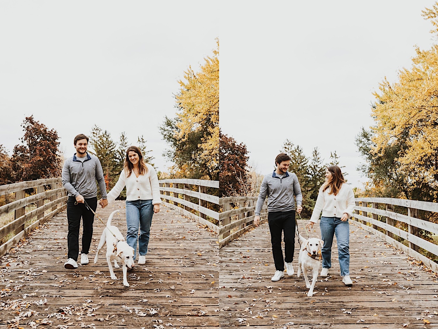 2 photos side by side of a couple walking their dog across a bridge in a park of Minneapolis