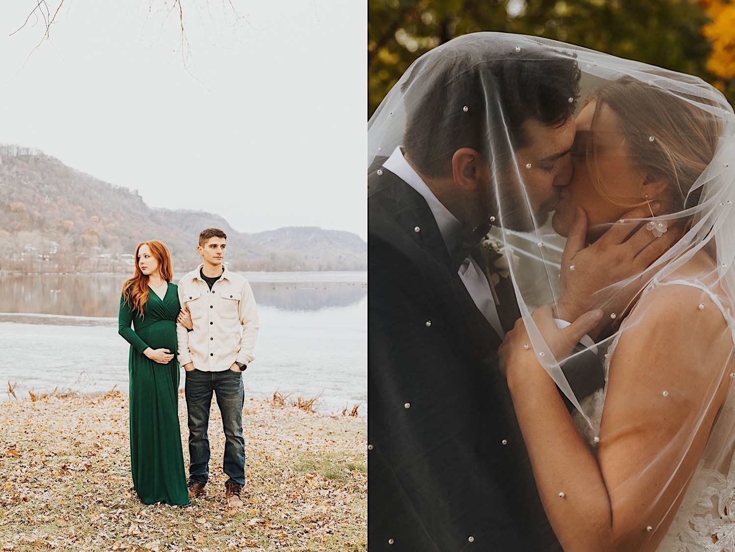 2 photos side by side, the left is of a couple standing in front of a lake together, the right is of a bride and groom kissing while under the bride's veil