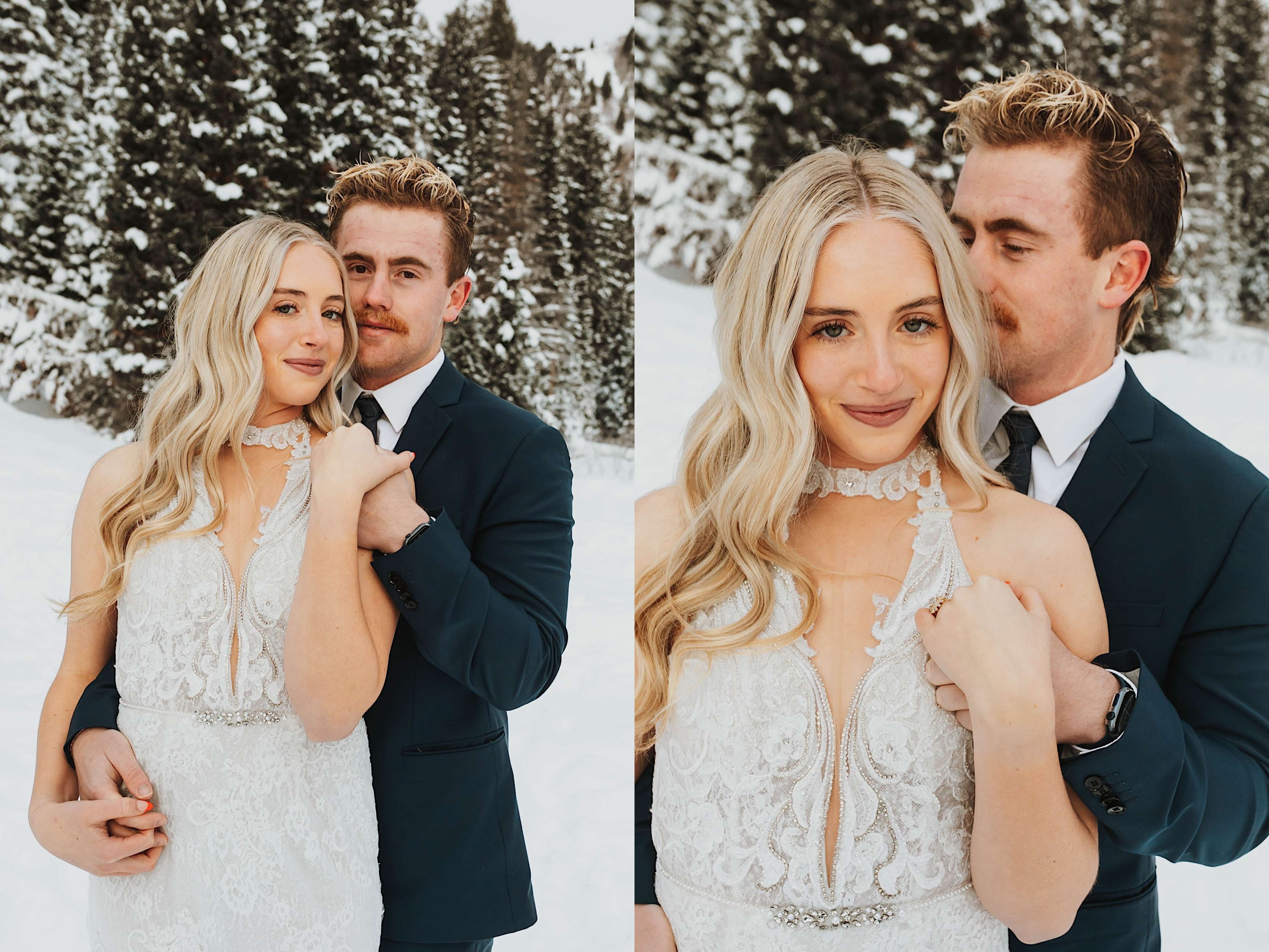 2 photos side by side of a bride and groom in a snow covered forest, the bride is standing in front of the groom, in the left photo they are both looking at the camera, in the right the bride is looking at the camera while the groom looks at her