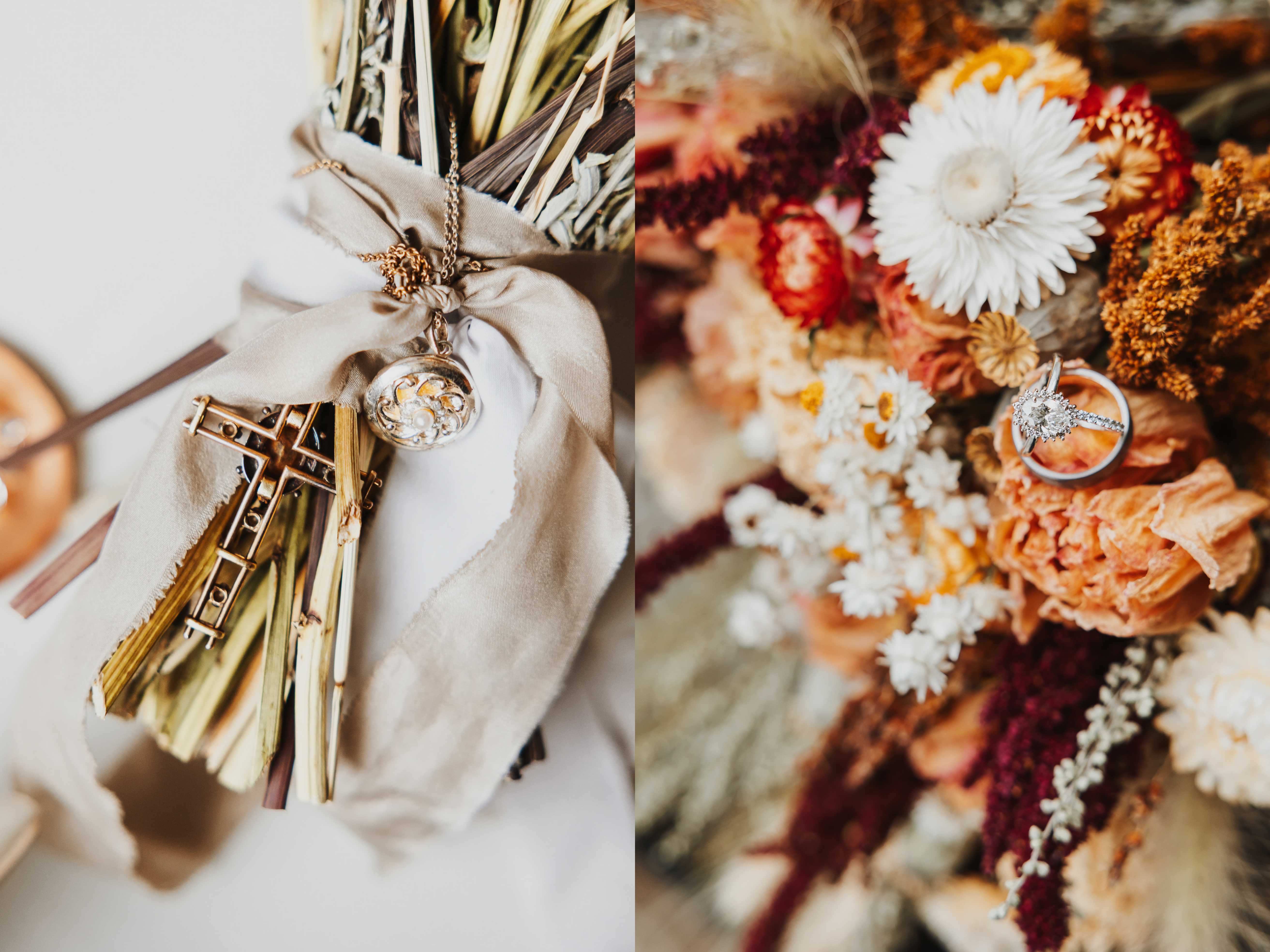 2 photos side by side, the left is of a necklace wrapped around the bottom of a bouquet. the right is of wedding rings resting on flowers of the bouquet
